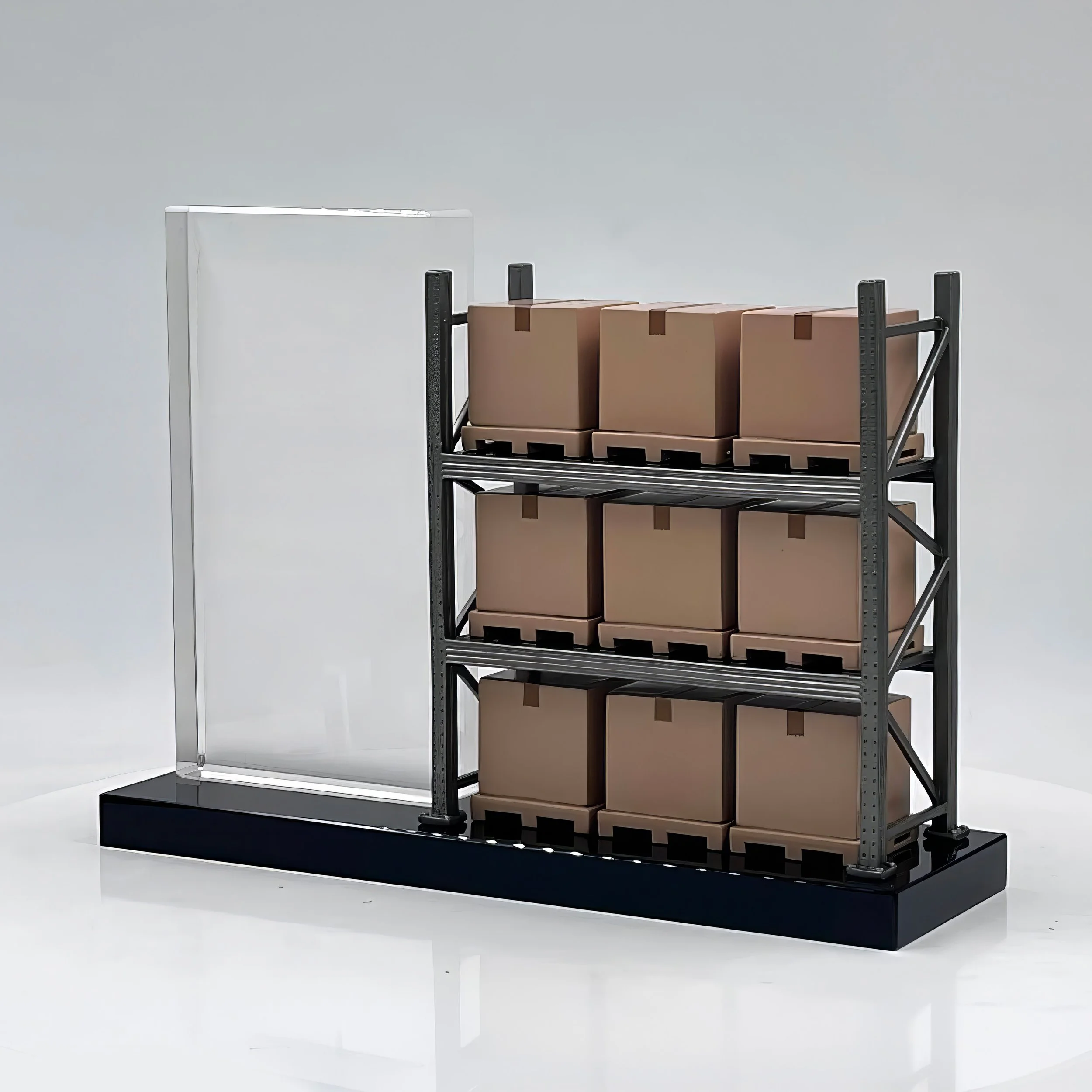 Custom logistics deal toy featuring warehouse racking filled with palletized boxes beside a clear award panel.