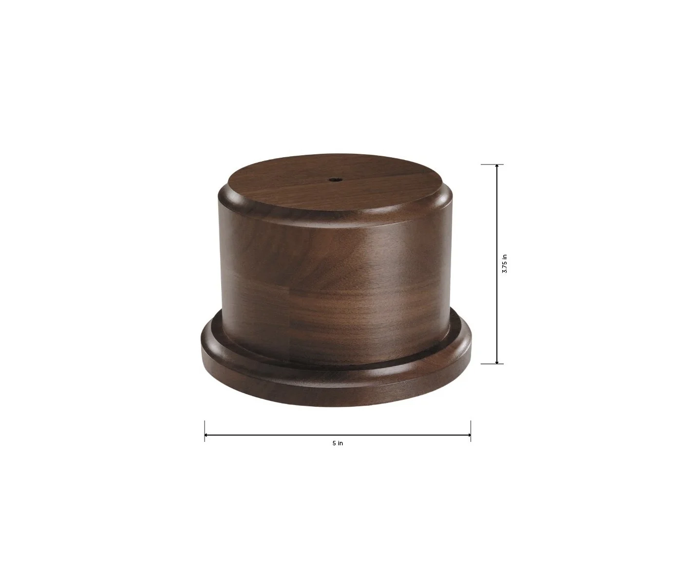 Dimensioned study of the walnut base, shown at 5 inches in diameter and 3.75 inches high.