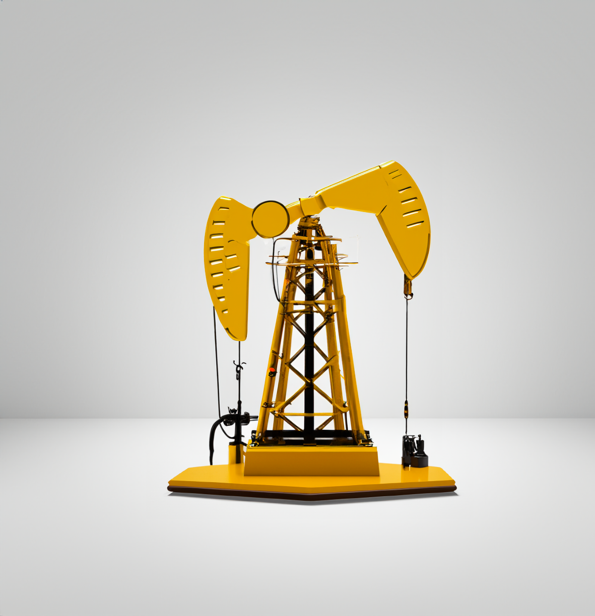 Yellow oil pump jack model on a custom energy deal toy.