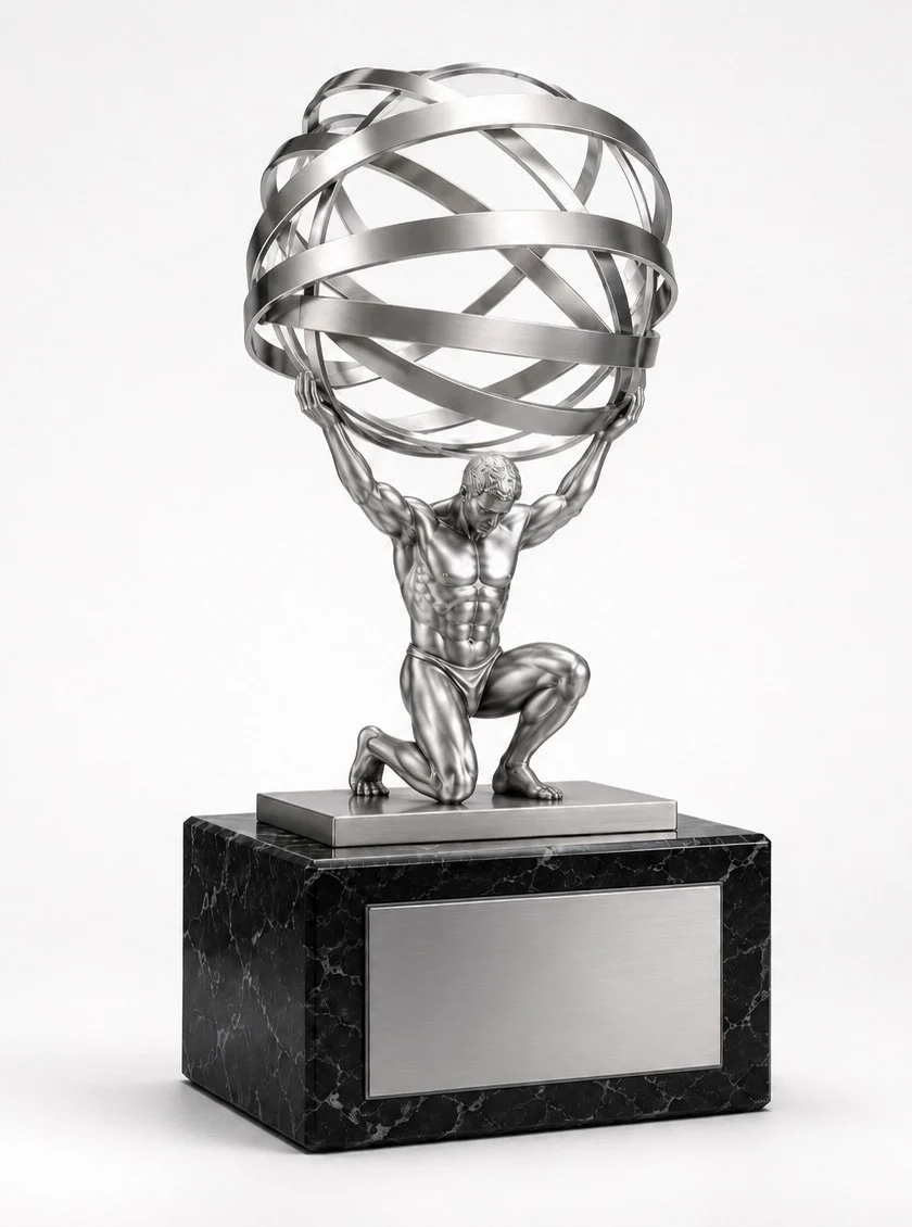Metal cast Atlas statue with armillary rings by Polaris Custom Awards