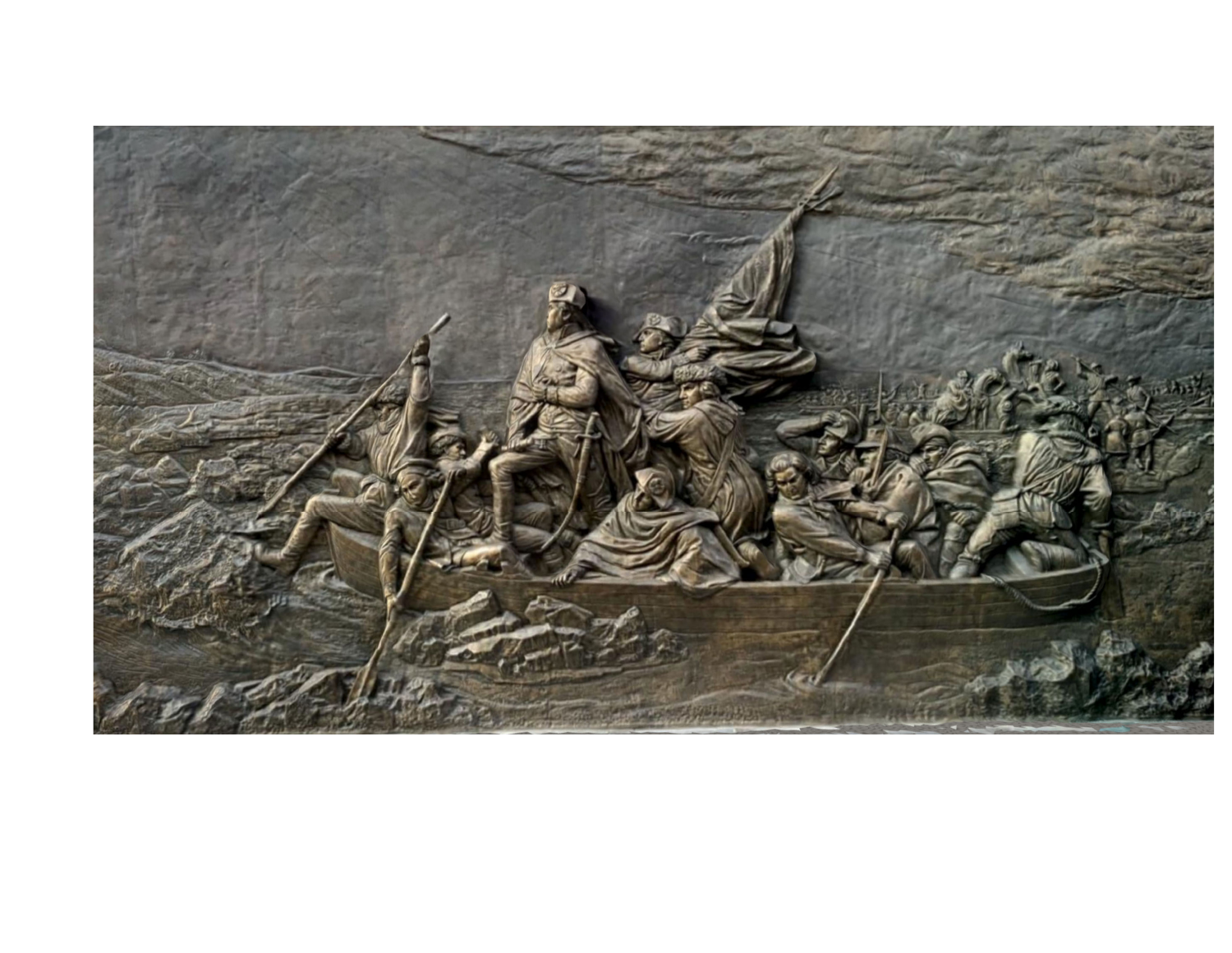Sculptural relief reference depicting Washington and soldiers in a boat, translating the scene into raised figures and layered forms.