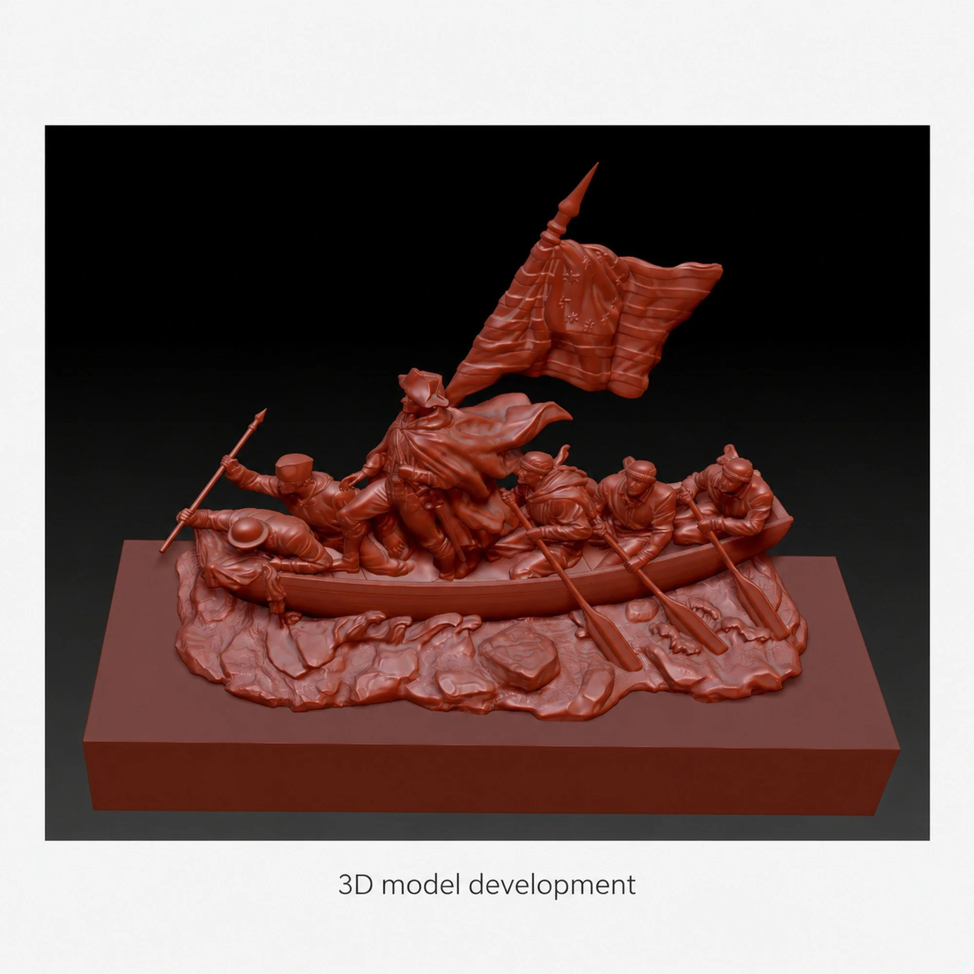 Elevated view of a reddish 3D model of Washington and the boat crew, labeled 3D model development.