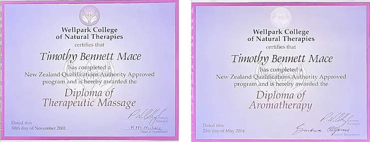 Diplomas in Therapeutic Massage and Aromatherapy from Wellpark College.