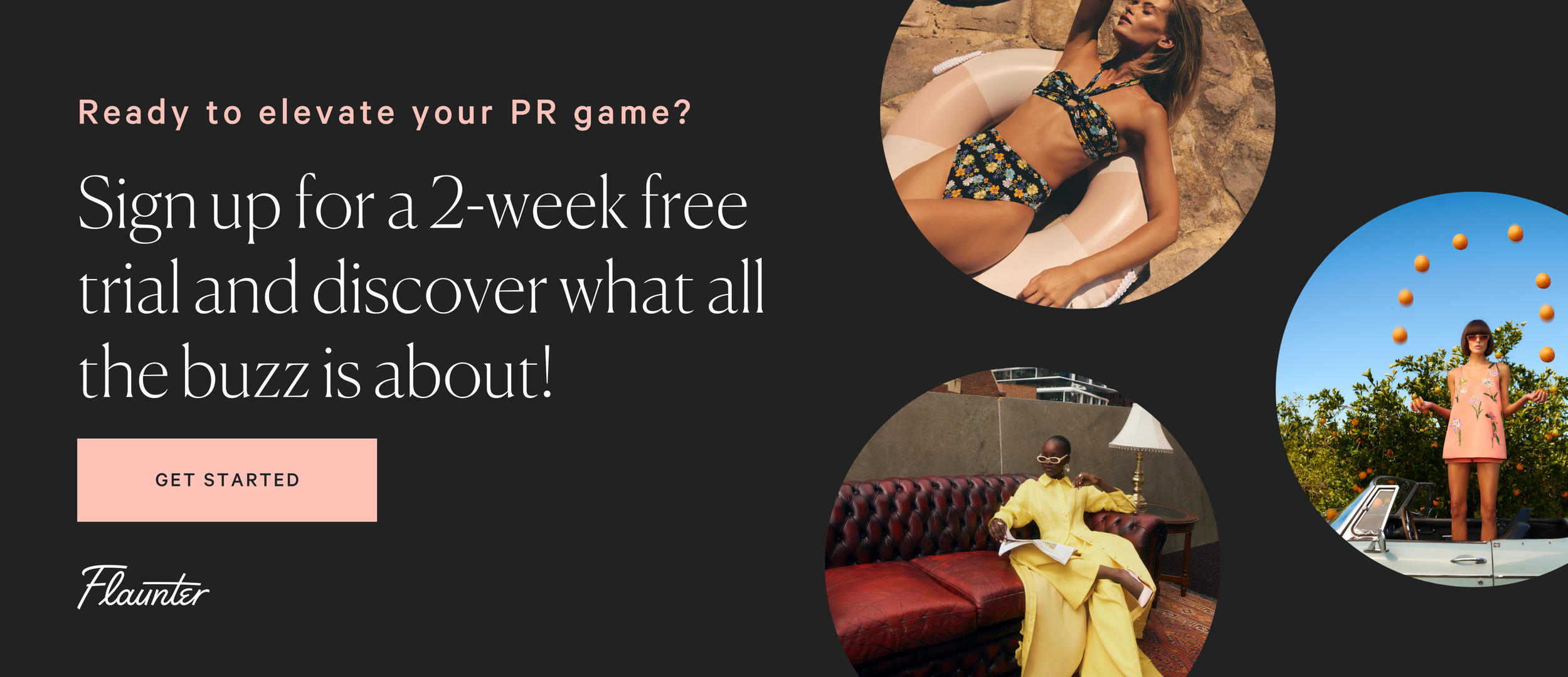 Flaunter two‑week free trial promotion displaying platform screenshots and text inviting brands to try the digital PR assistant and all‑in‑one PR software.