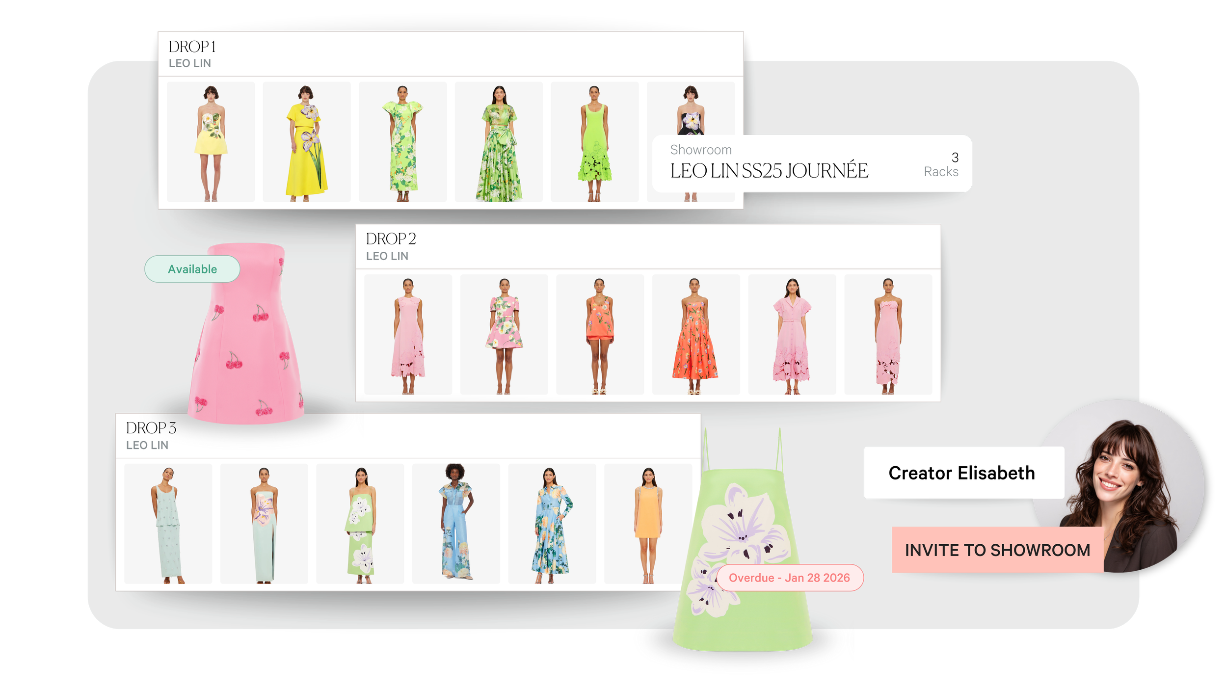 Flaunter Sample Tracking & Gifting Suite showing real-time product tracking, media loans, gifting management and contact details.