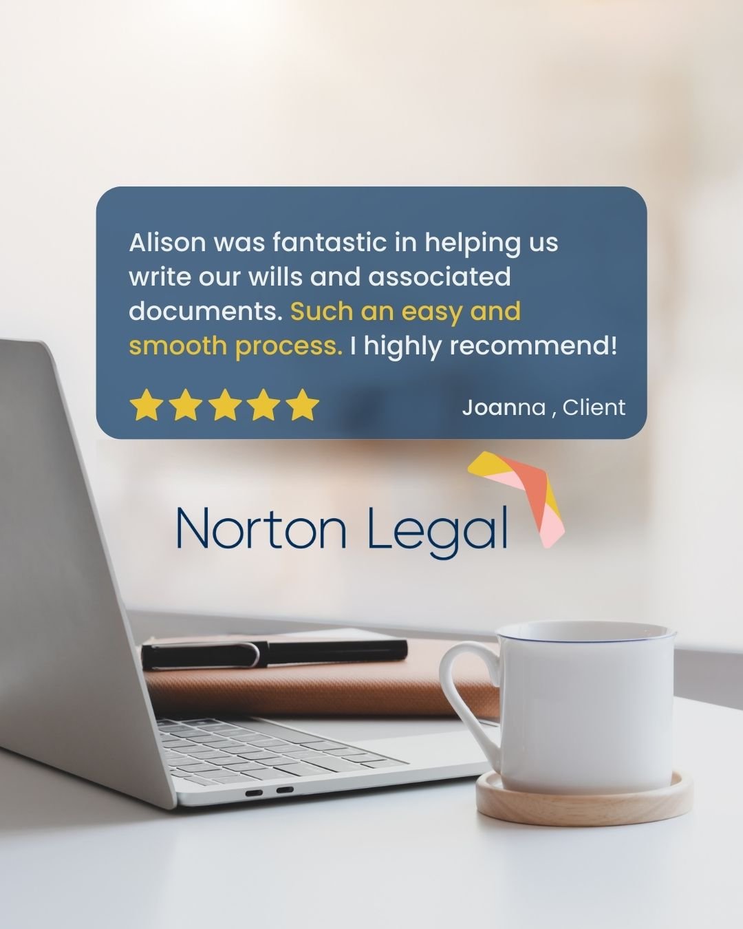 🌟 We're thrilled to receive such high praise for Alison's exceptional service in will drafting. 

Thanks so much Joanna. Your satisfaction is our top priority, and we're delighted to hear that the process was seamless.

If you or anyone you know nee