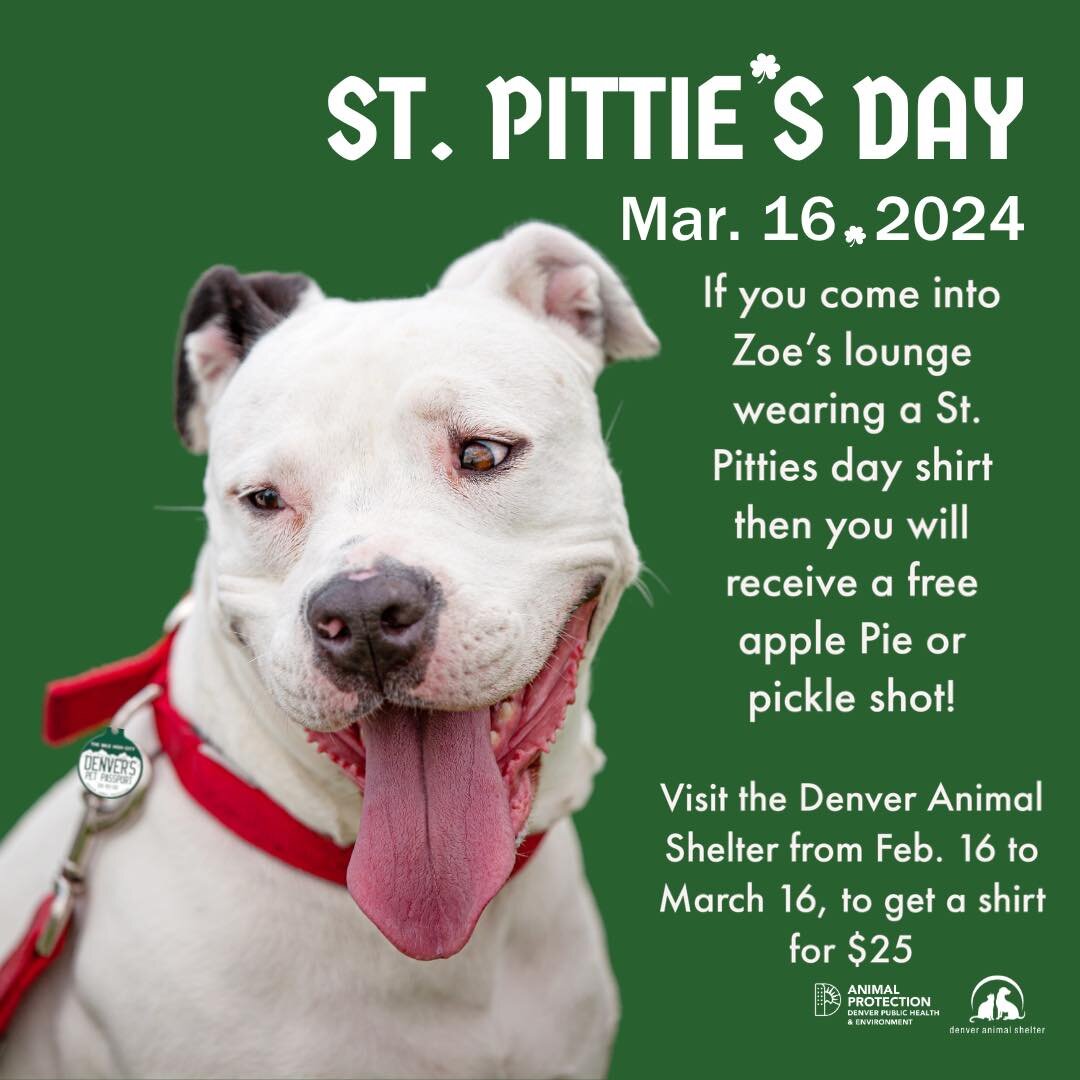 Please support the Denver animal shelter and Zoe&rsquo;s Lounge by participating in the St. Pitties Day pub Crawl. 
What luck! $17 adoption fees all March long for pit bulls and pit bull mixes over 6 months old.