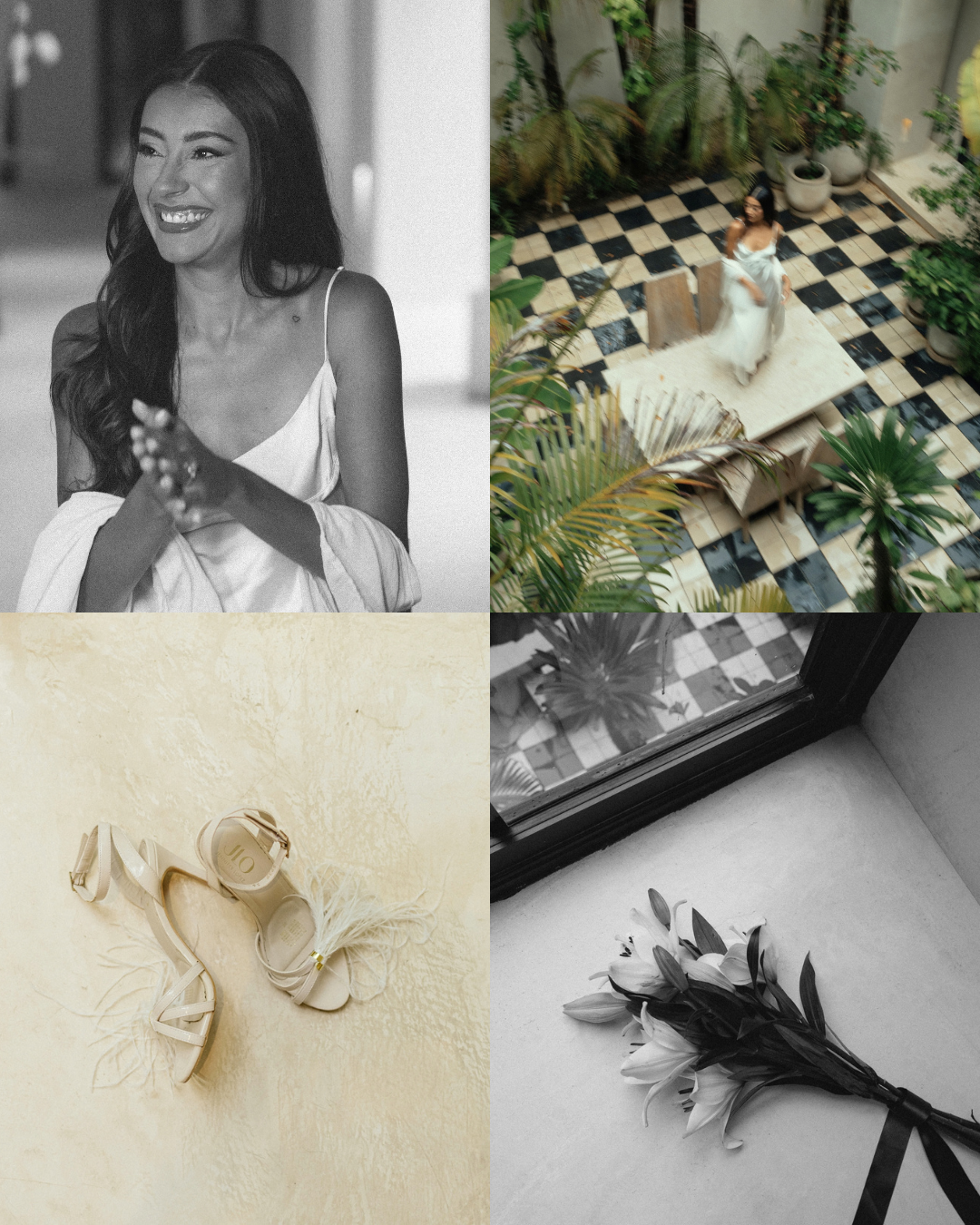 bride being happy in her wedding day, all the details around her like shoes with feathers bouquets and make up all done