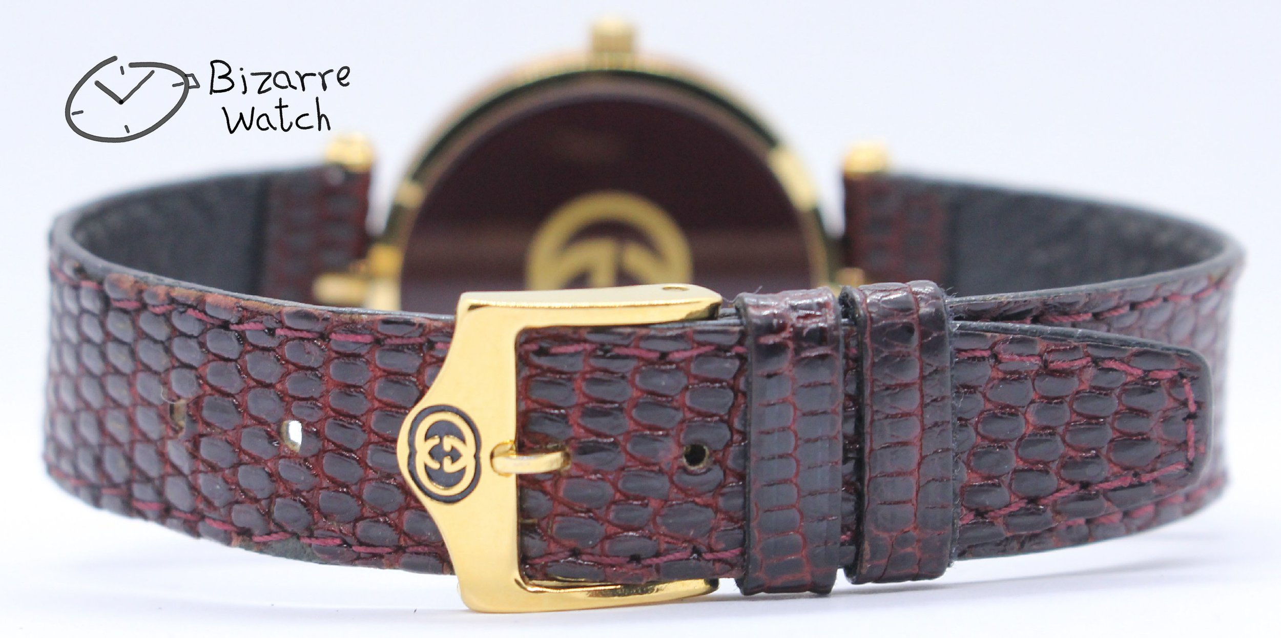 buckle leather vintage 2000 3000 men women Unisex Goldplated GUCCI 2000M White Dial Original Brown Strap Watch bizarre lizard