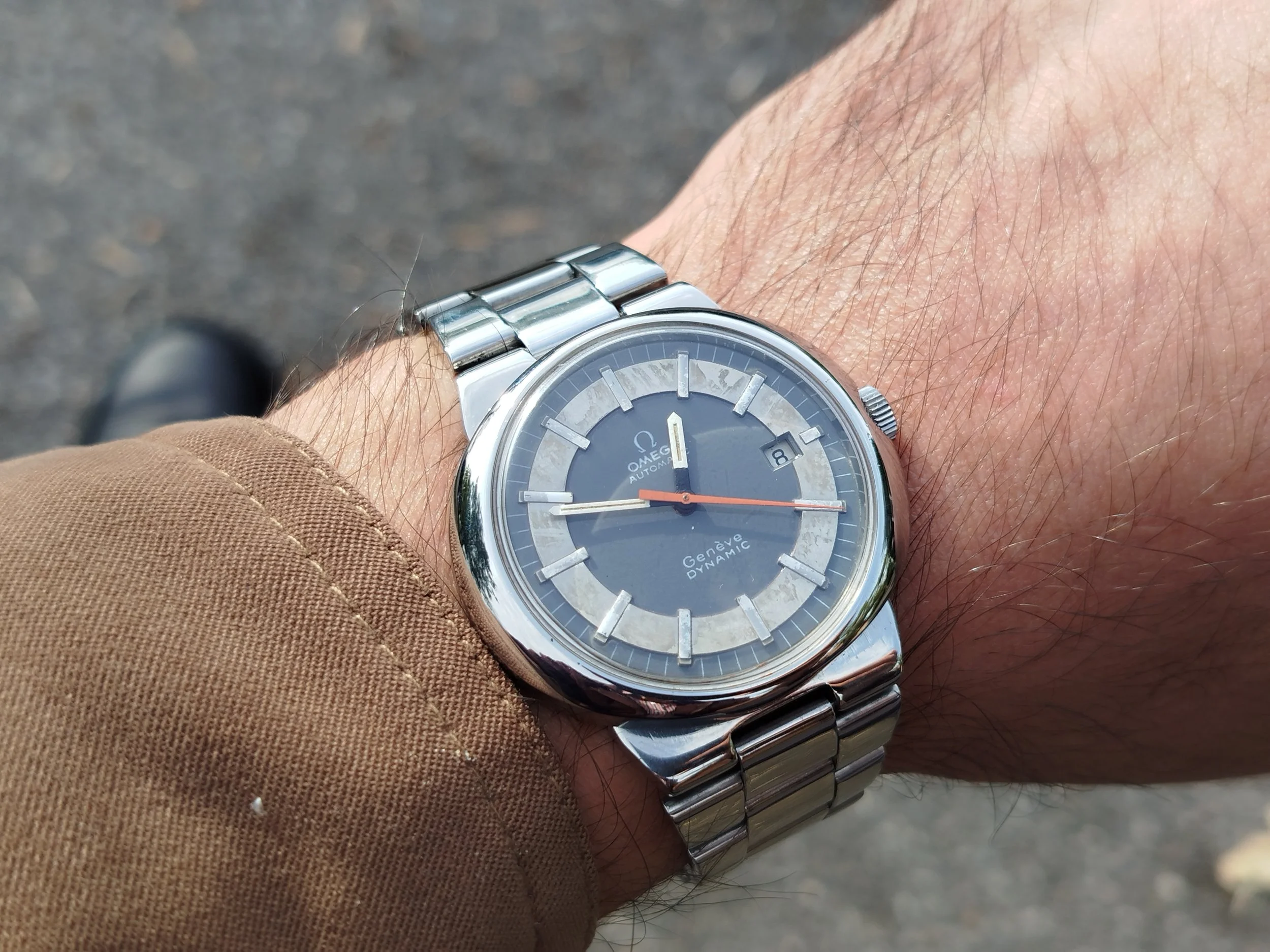 wrist shoot wristshoot shot steel bracelet 1972 Vintage OMEGA 1481 Dynamic geneve Genève Automatic Tool 107 Men's men Tritium Lume Watch Serviced lapping polished bizarre bizarrewatch