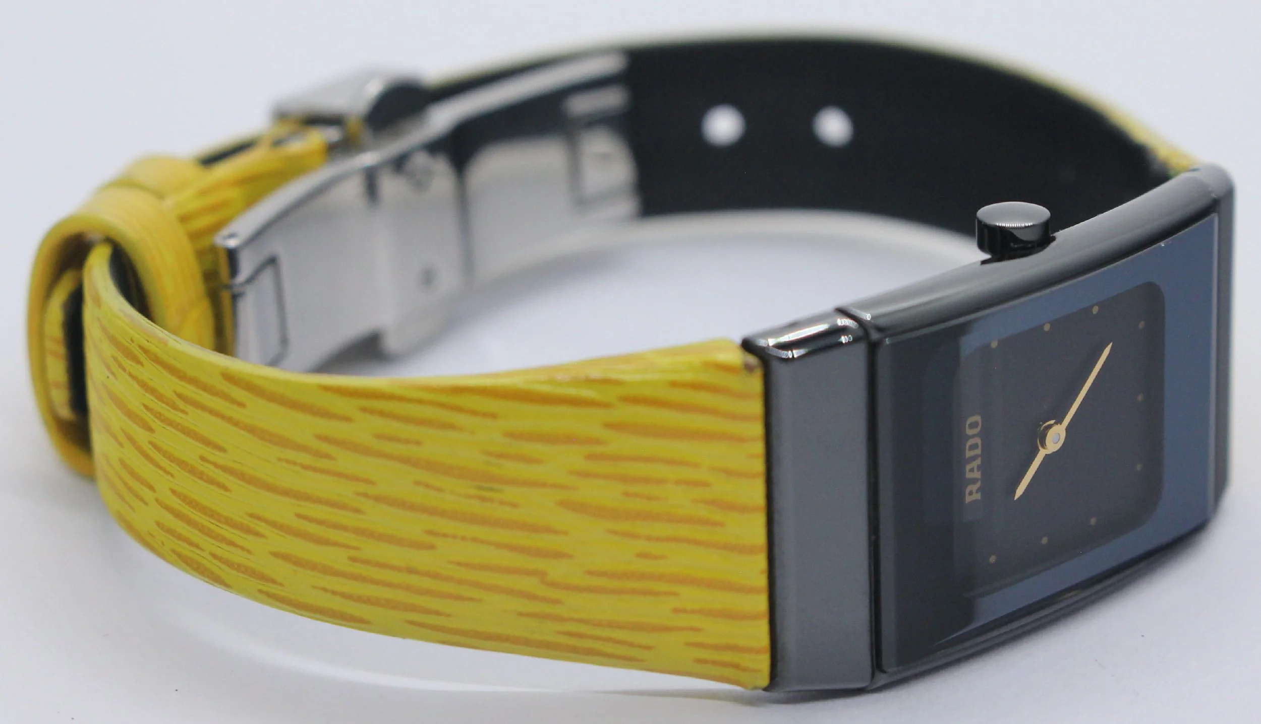 side vintage Scratchproof Rado Ceramica Diastar 963.0350.3 Black Ceramic Yellow Strap Watch ladies women