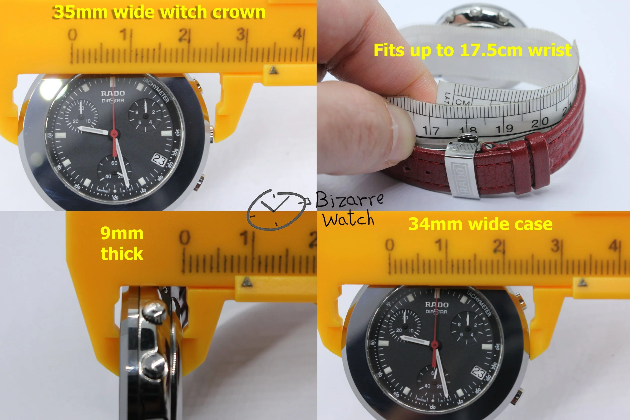 size dimensions wrist Rado Mini Diamaster Diastar 34mm Chronograph Tungsten Carbide Red 538.0470.3 women unisex men bizarrewatch