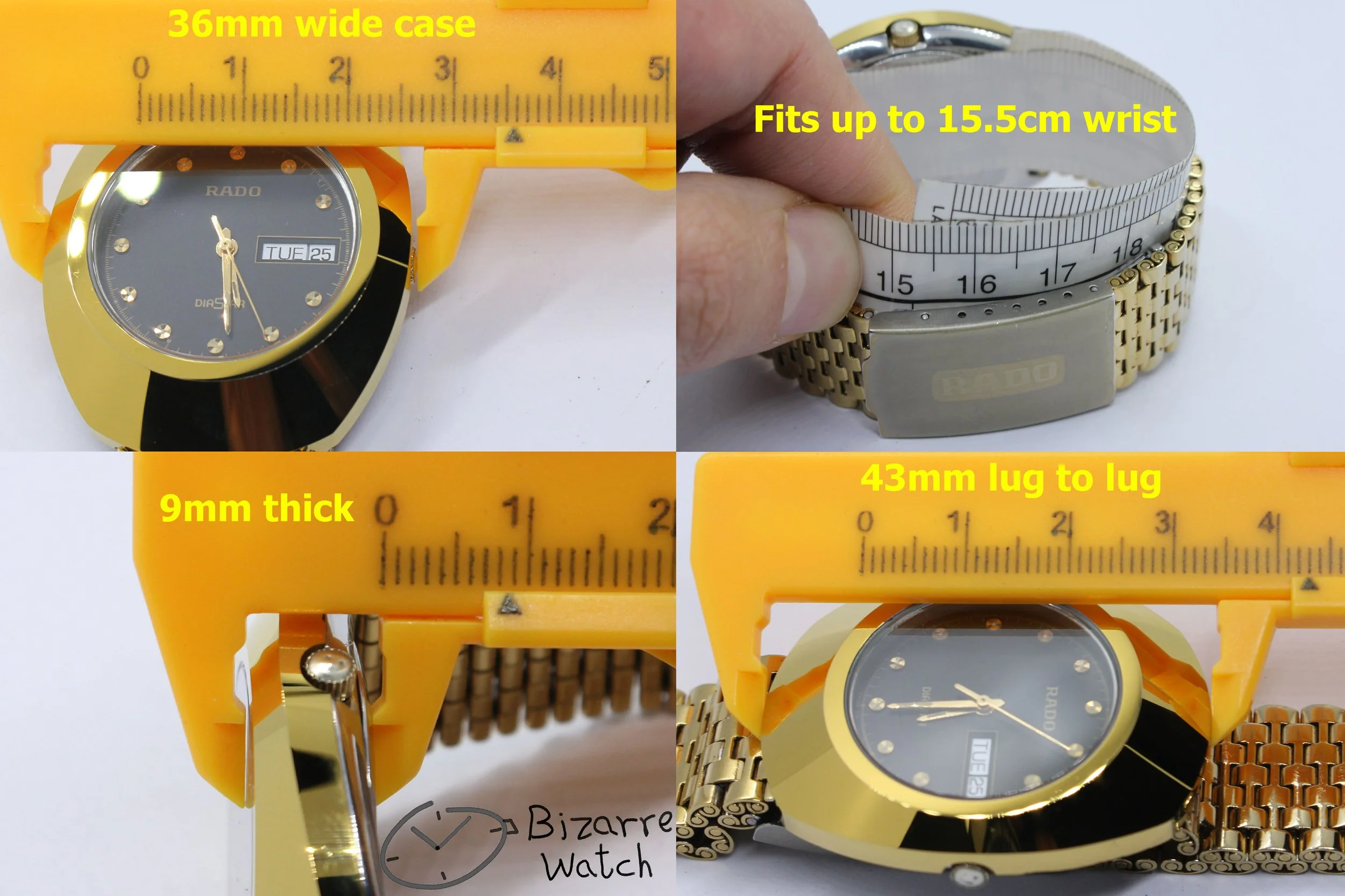 wrist size dimensions gold RADO The Original Diastar Scratchproof 114.0393.3 Day Date 36mm Goldplated Watch bizarrewatch bizarre men unisex women