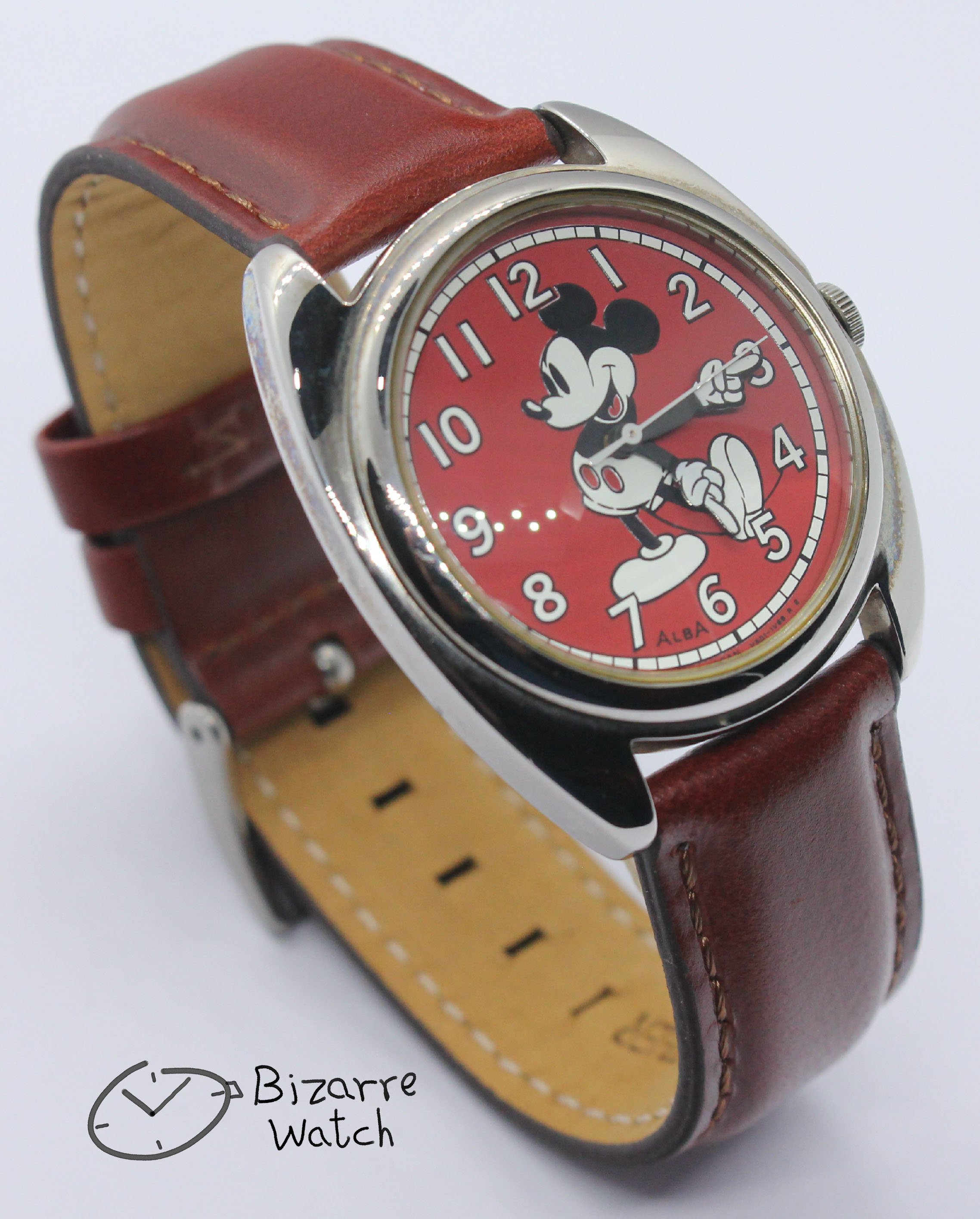 Vintage Alba Mickey Mouse Walt Disney Red brown Genuine Leather Watch Japan v501 V501-1V68 R2 V501-6P10 R1 bizarre bizarrewatch women men unisex