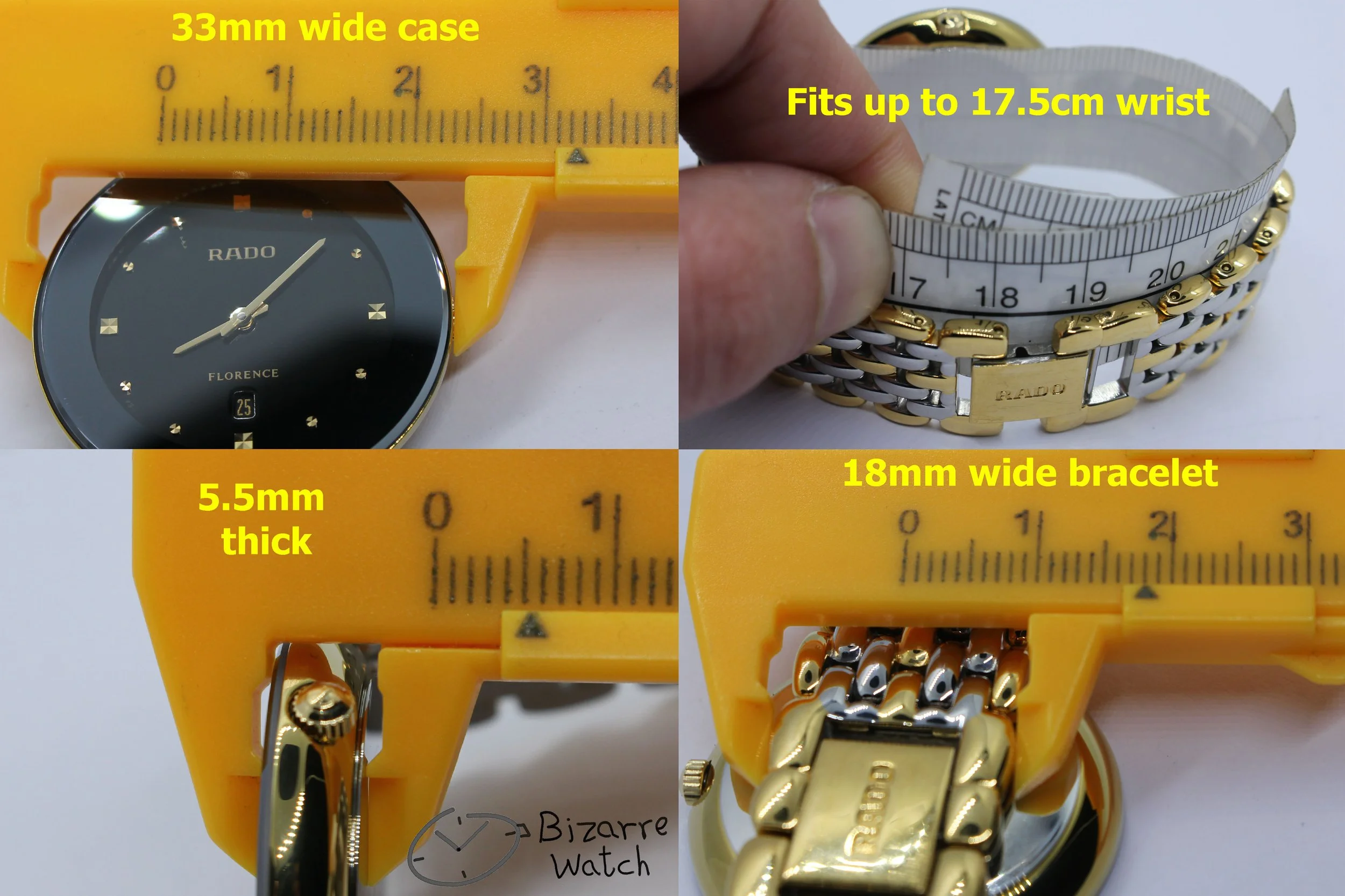 wrist size dimensions  vintage sapphire crystal Rado Florence Goldplated 160.3677.2 two tone bracelet Watch bizarre bizarrewatch men women unisex