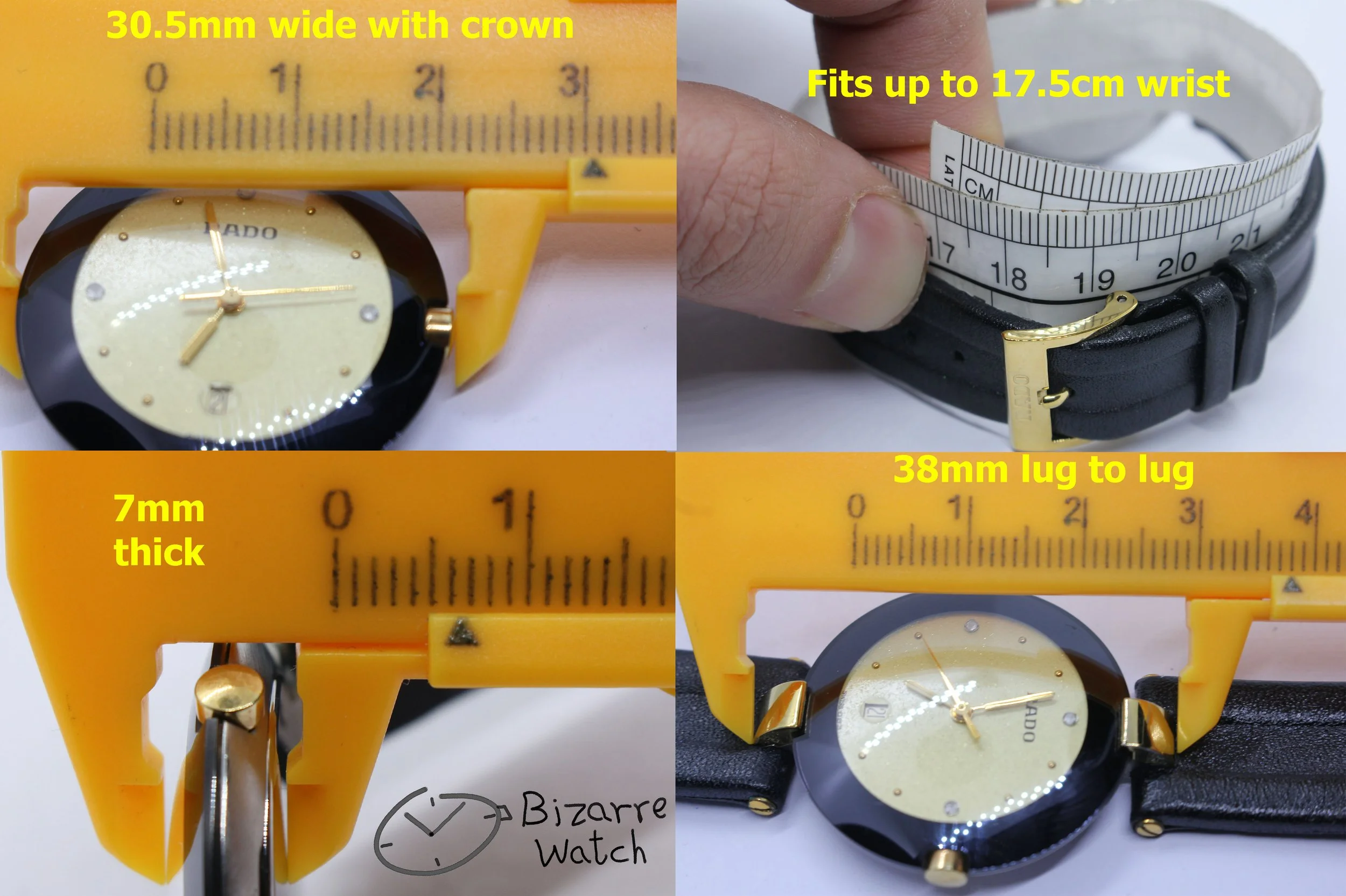 wrist size dimensions vintage Rado La Coupole Yellow Dial 30mm 129.4077.4 Domed Sapphire Leather Strap Watch women ladies unisex bizarre