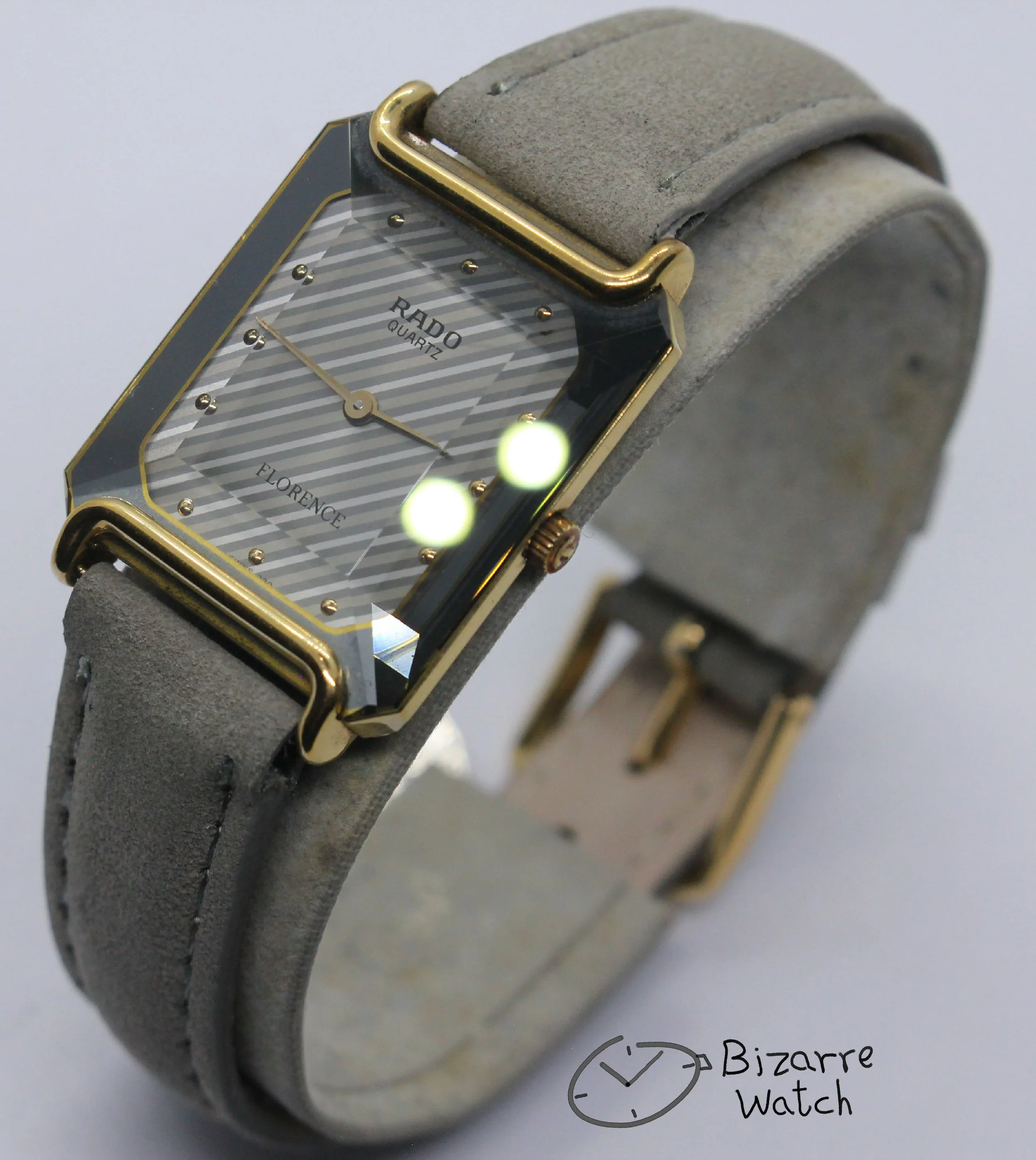 vintage goldplated Rado Florence 153.3455.2 Bevelled Sapphire Crystal Striped Dial Grey Strap Watch bizarre women unisex