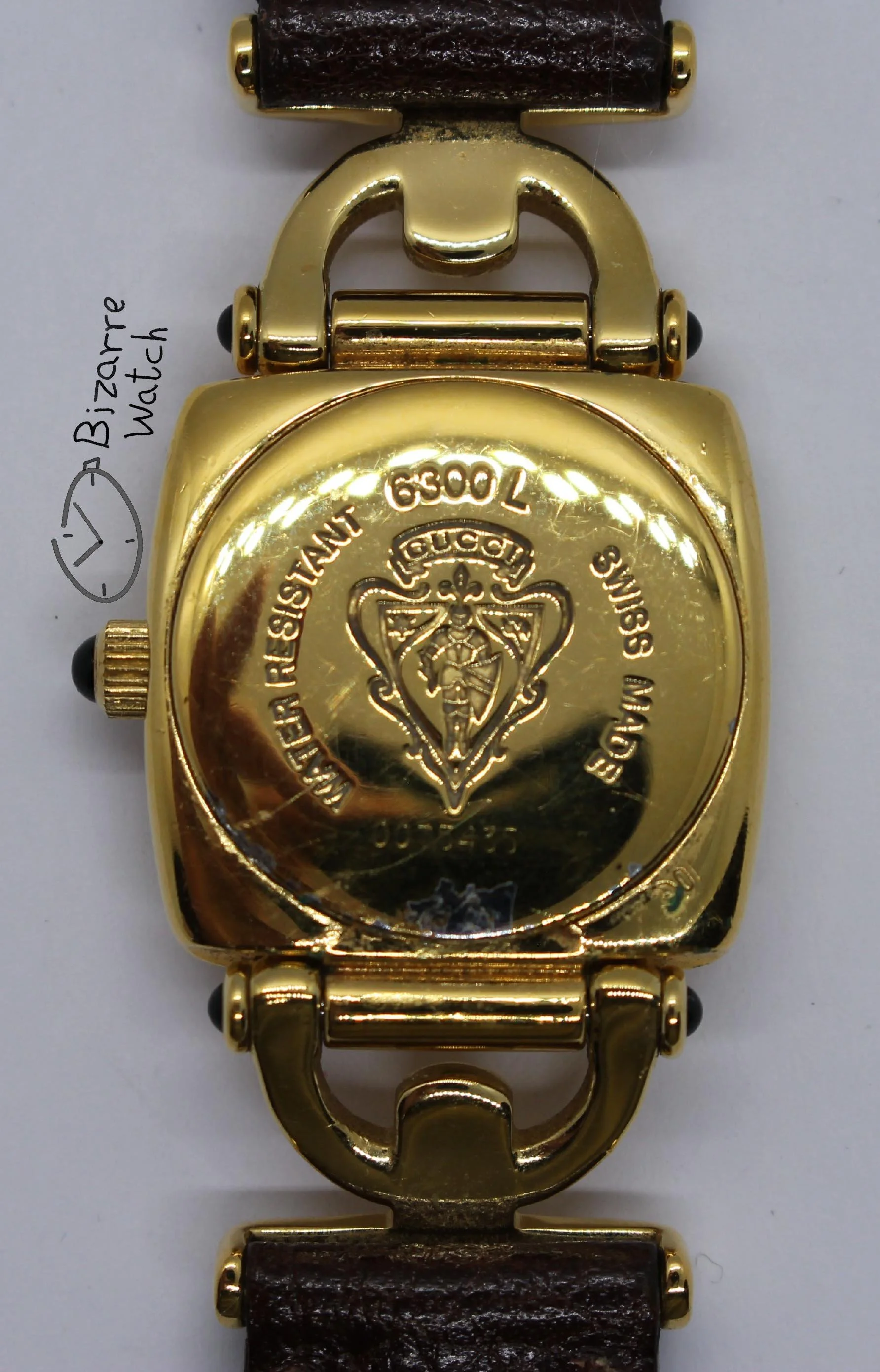 caseback Vintage Ladies gold plated Goldplated GUCCI 6300L White Dial Brown Strap Watch women bizarre