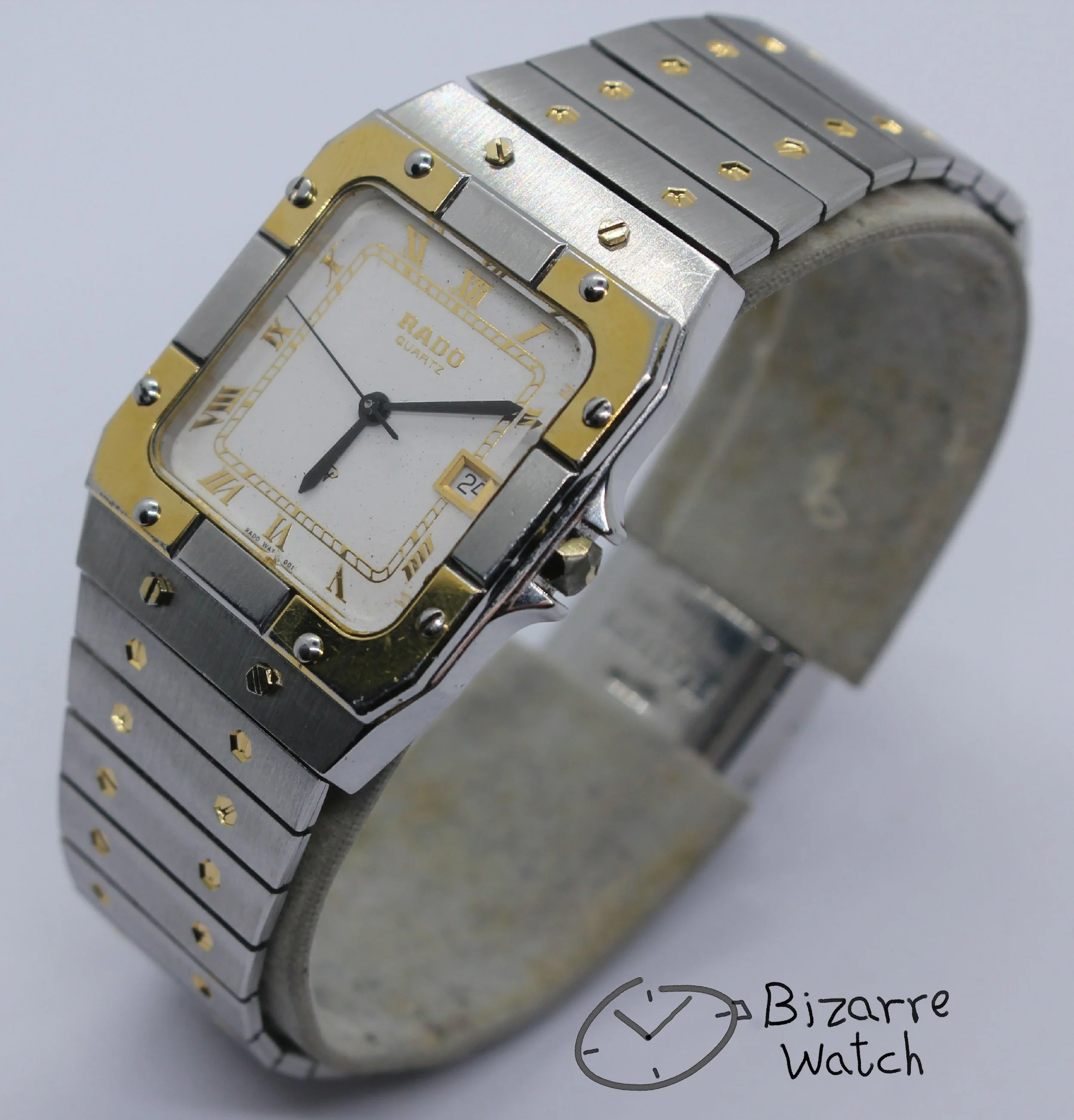 stainless steel bracelet cartier Vintage Rado 27mm De Santos Homage Goldplated White Dial 129.9001.4 Watch bizarre women men unisex ladies preowned used