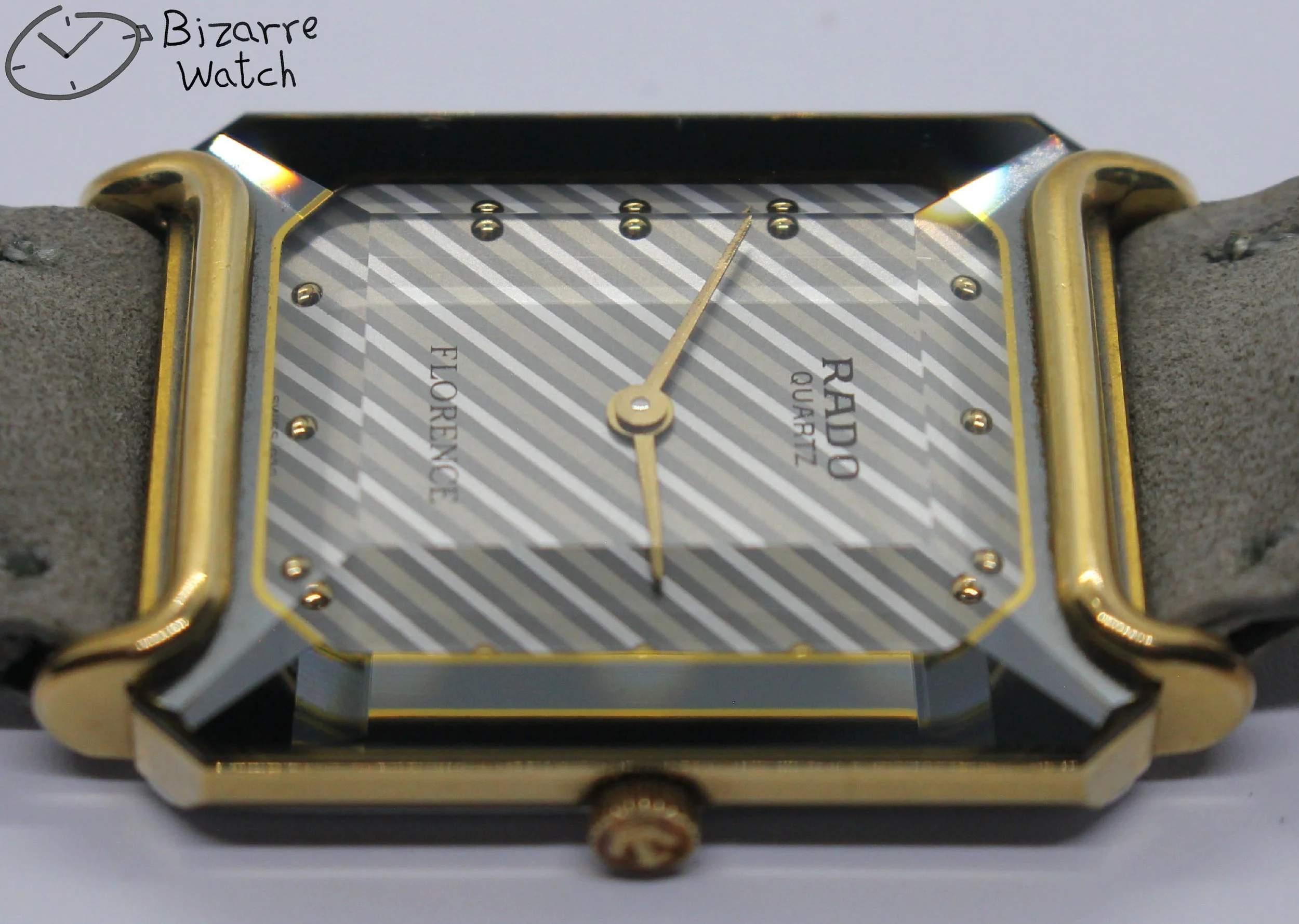 polarised polarized lens view vintage goldplated Rado Florence 153.3455.2 Bevelled Sapphire Crystal Striped Dial Grey Strap Watch bizarre women unisex