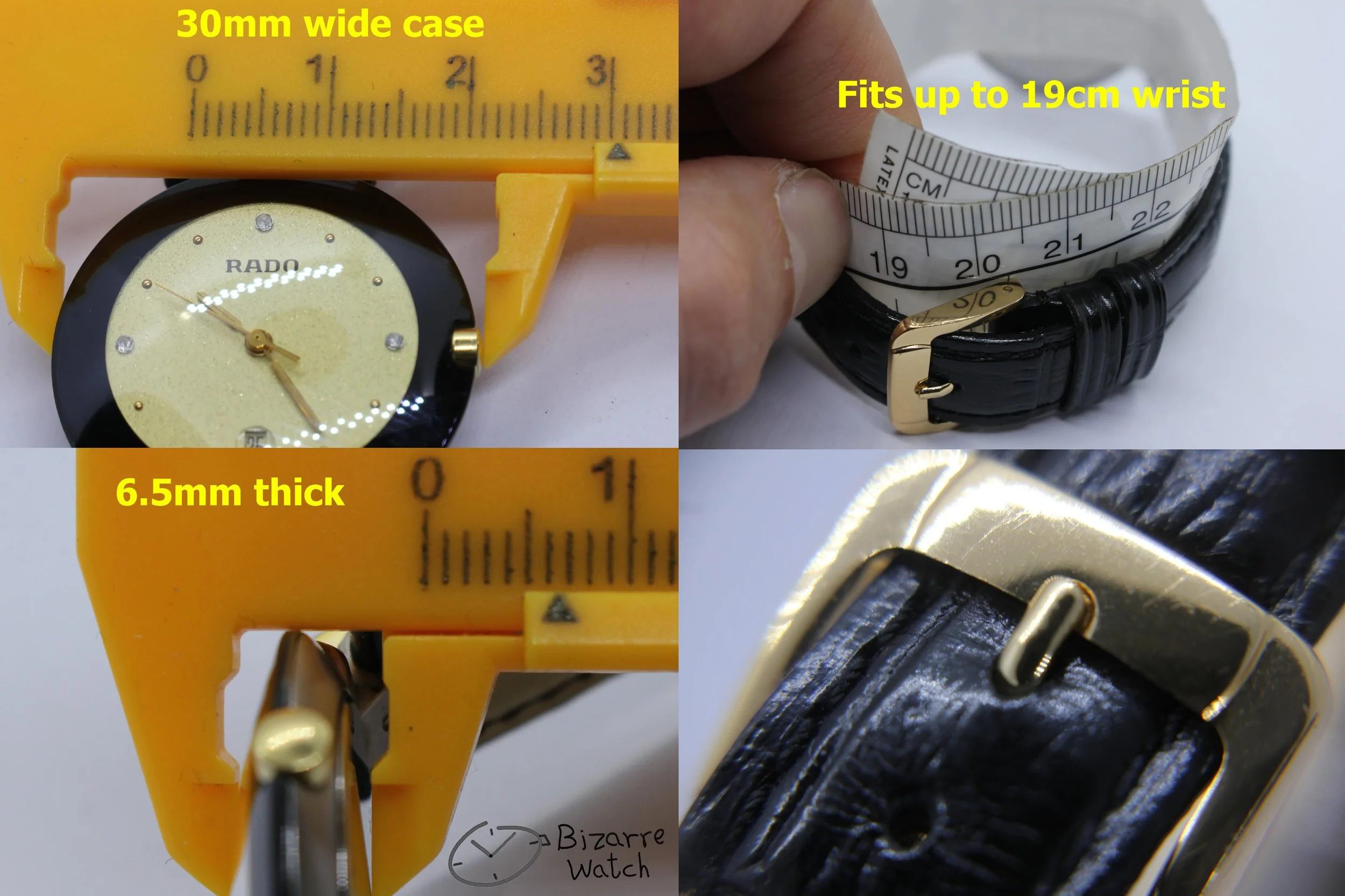 size dimensions wrist Rado La Coupole Yellow Dial 30mm 129.4077.4 129.4077.4n Domed Sapphire Leather Strap Watch women men unisex preowned used bizarre