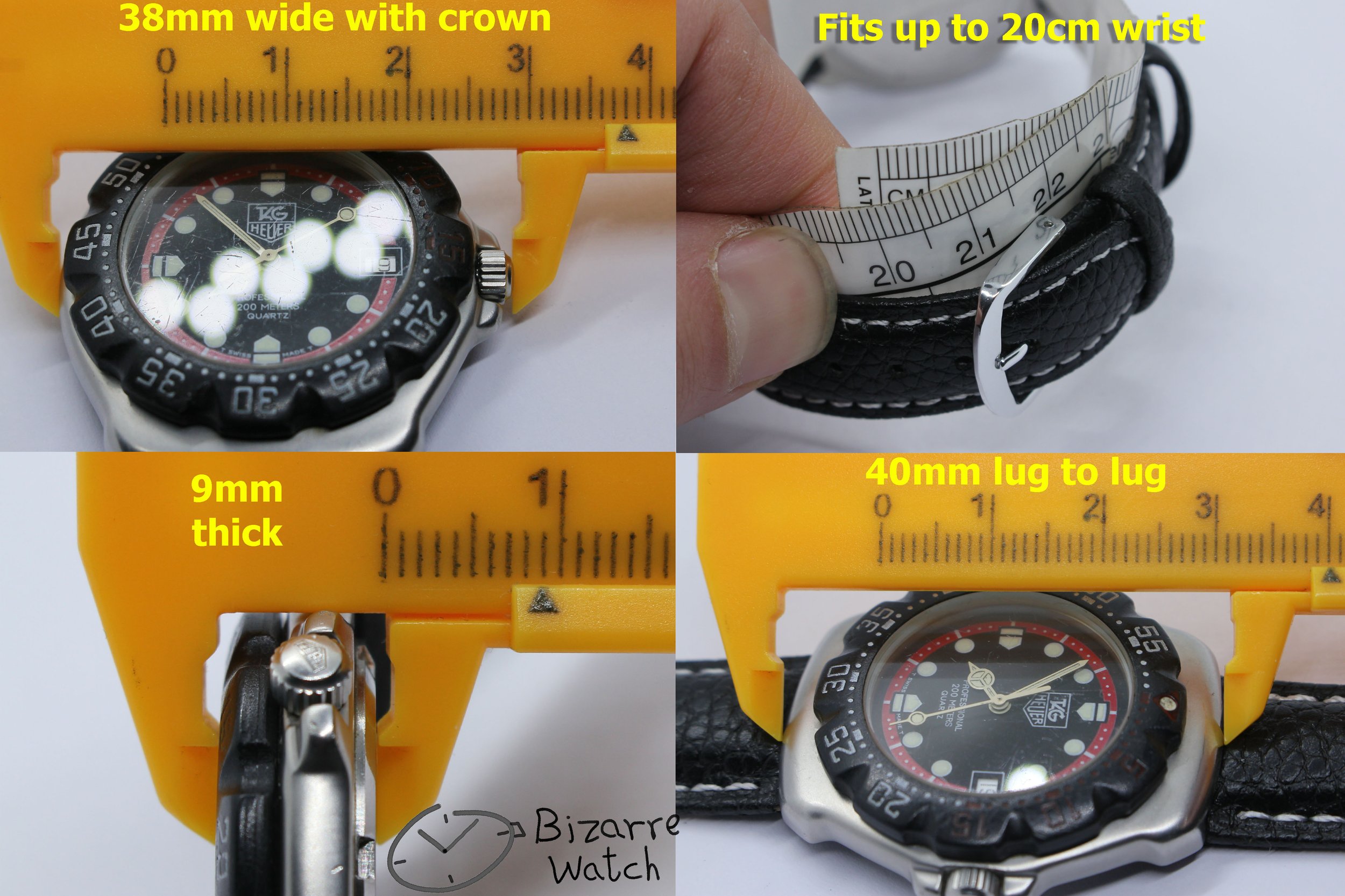 size dimensions wrist vintage TAG HEUER Formula 1 200M Black Red Date 374.513 Watch men women