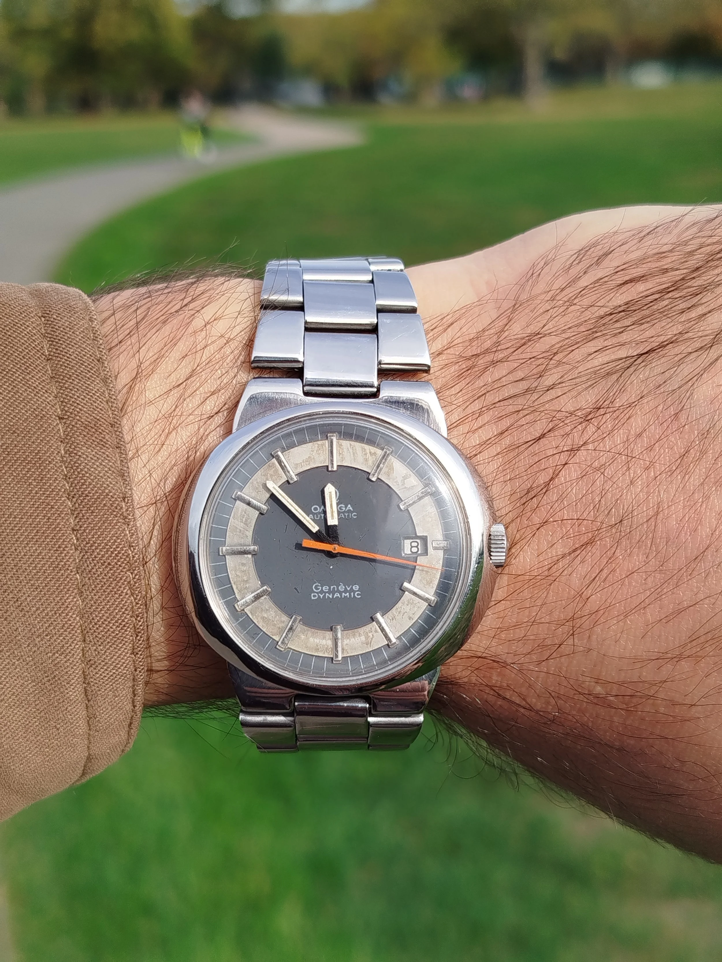 wrist shoot wristshoot shot steel bracelet 1972 Vintage OMEGA 1481 Dynamic geneve Genève Automatic Tool 107 Men's men Tritium Lume Watch Serviced lapping polished bizarre bizarrewatch