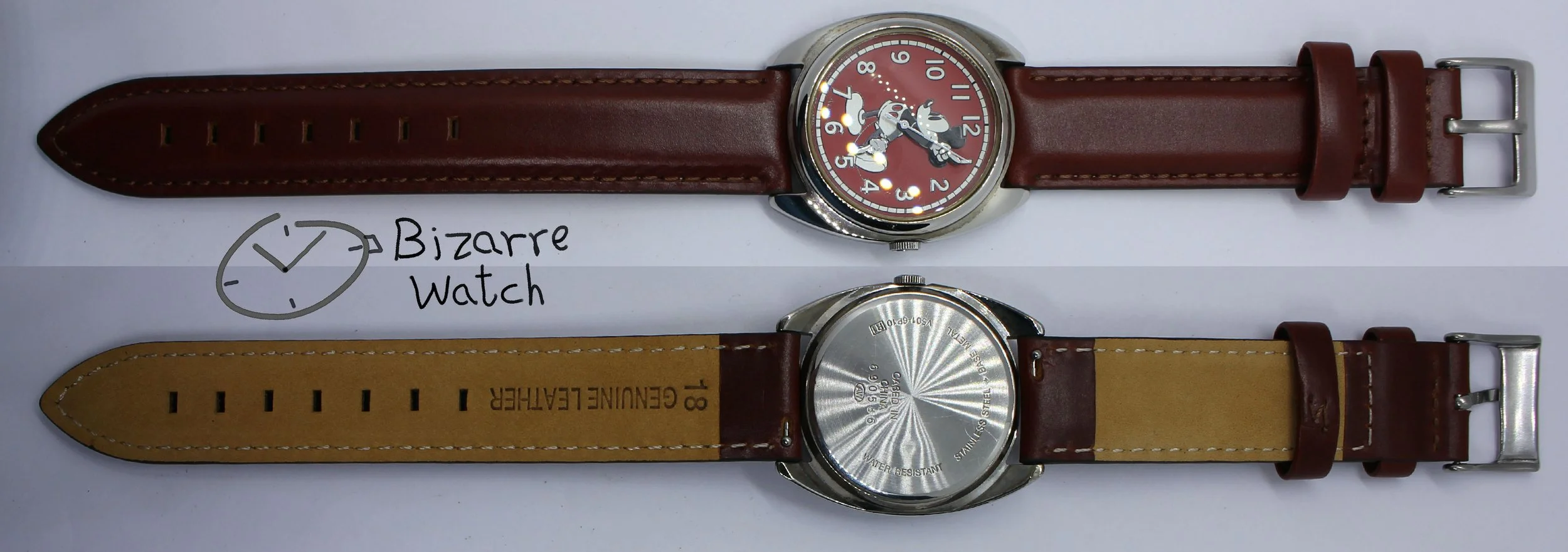 front back Vintage Alba Mickey Mouse Walt Disney Red brown Genuine Leather Watch Japan v501 V501-1V68 R2 V501-6P10 R1 bizarre bizarrewatch women men unisex