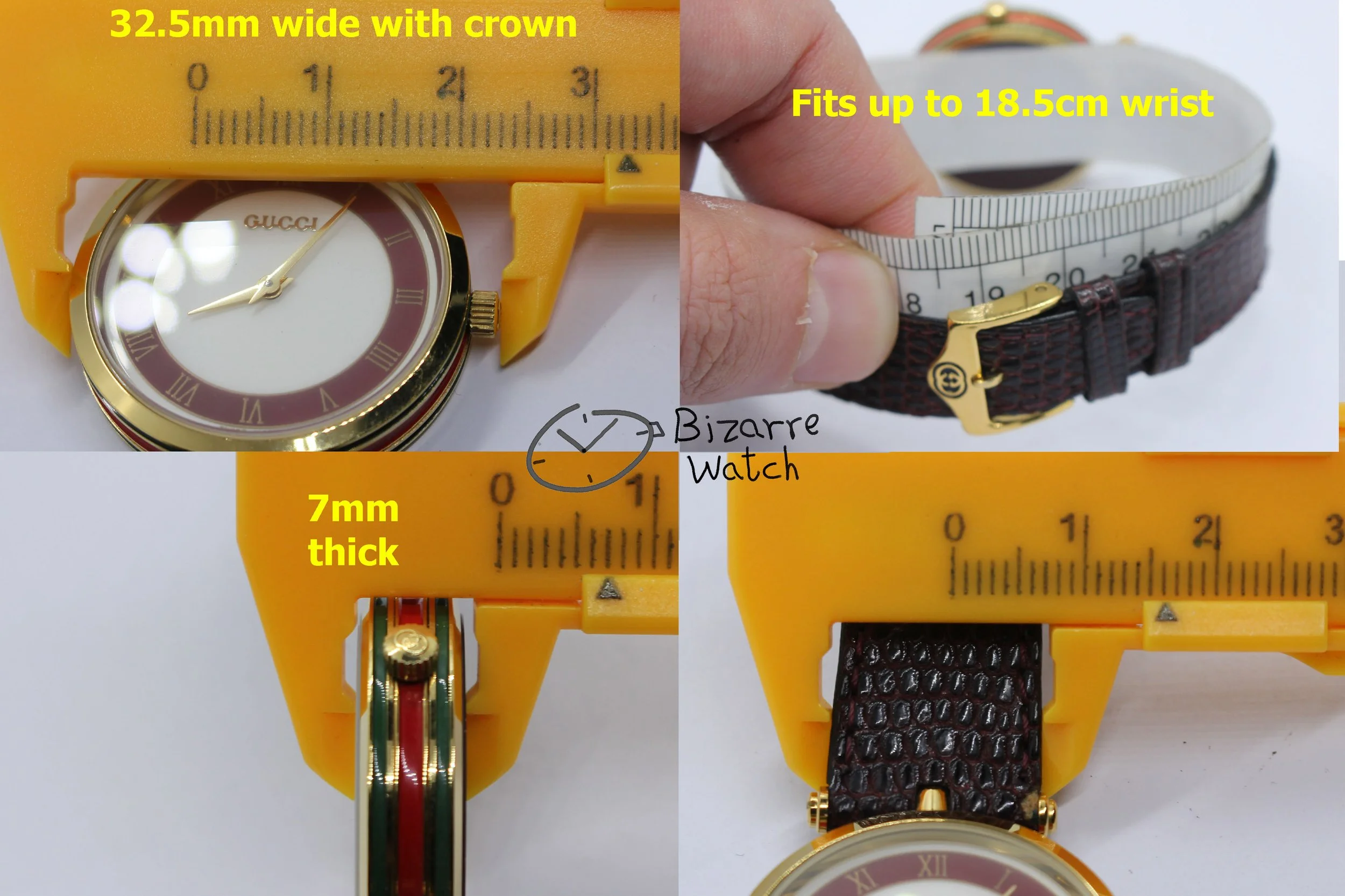 wrist size dimensions  2000 3000 men women Unisex Goldplated GUCCI 2000M White Dial Original Brown Strap Watch bizarre