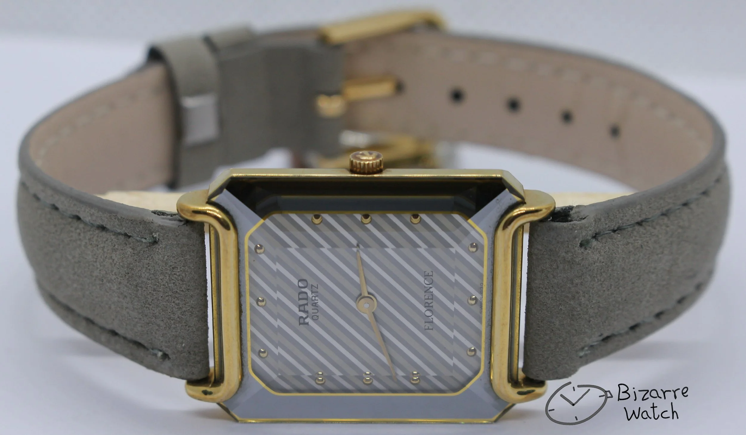 vintage goldplated Rado Florence 153.3455.2 Bevelled Sapphire Crystal Striped Dial Grey Strap Watch bizarre women unisex