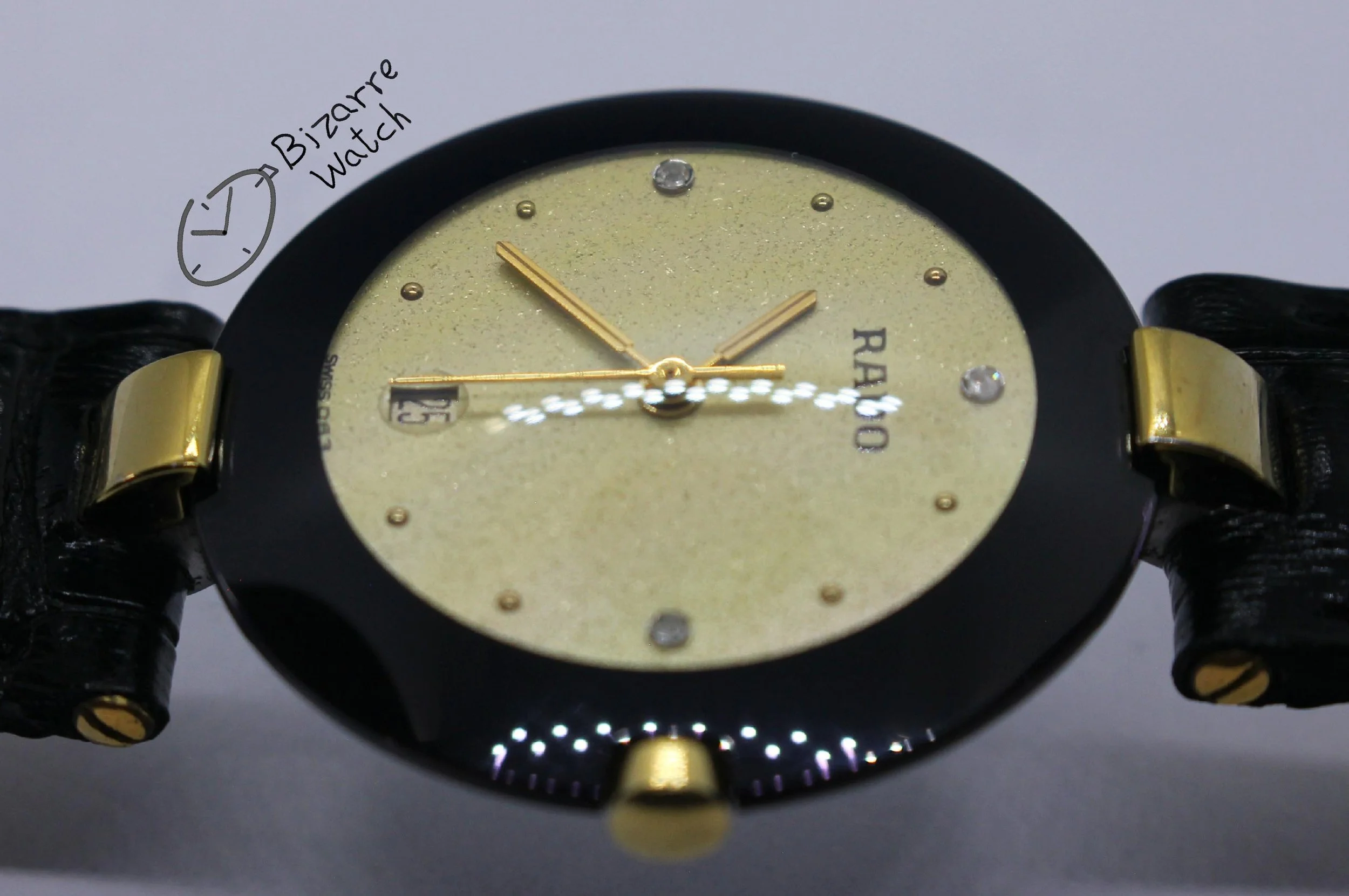 side polarised polarized lens view Rado La Coupole Yellow Dial 30mm 129.4077.4 129.4077.4n Domed Sapphire Leather Strap Watch women men unisex preowned used bizarre