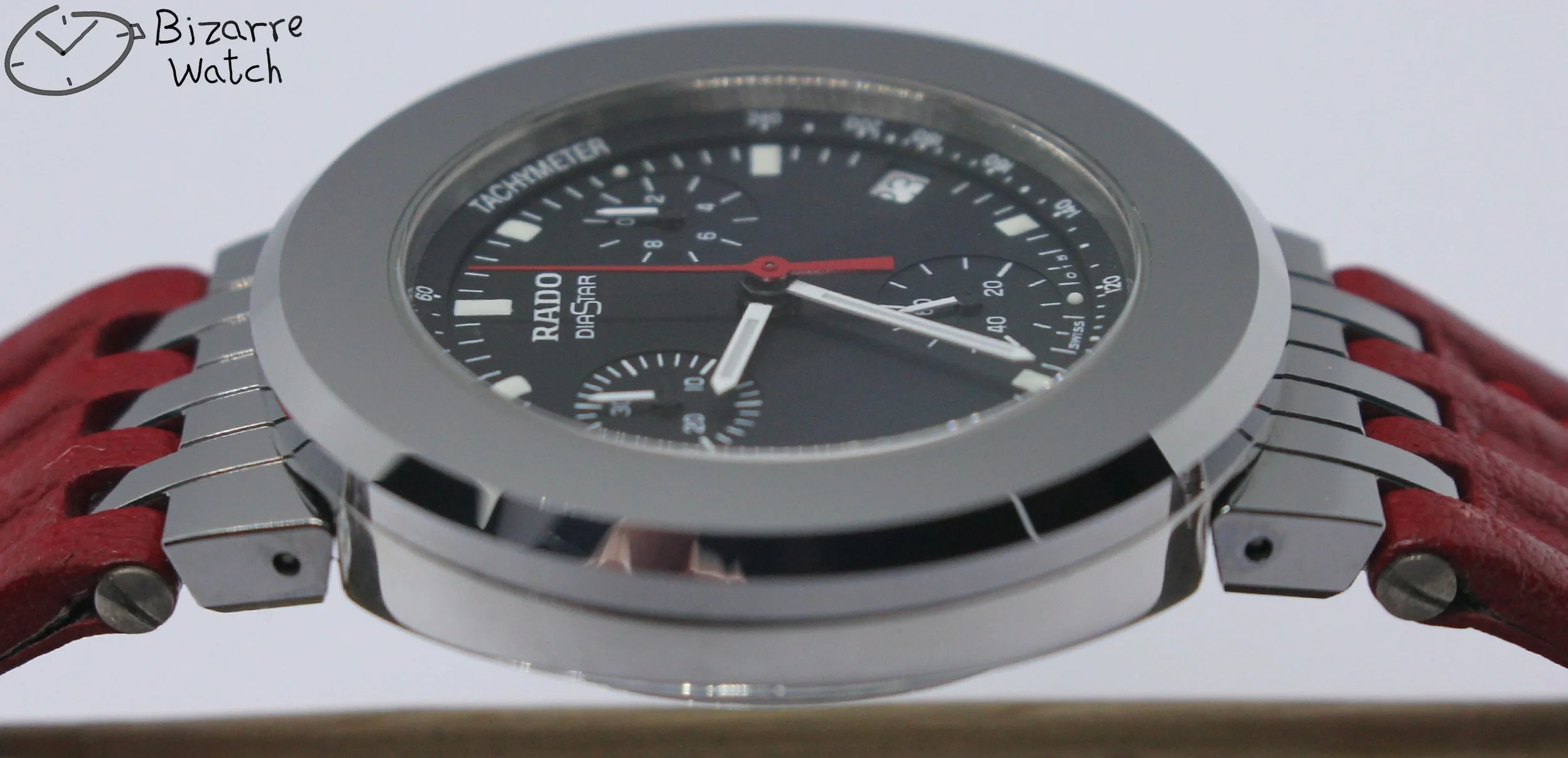 polarised polarized lens view Rado Mini Diamaster Diastar 34mm Chronograph Tungsten Carbide Red 538.0470.3 women unisex men bizarrewatch