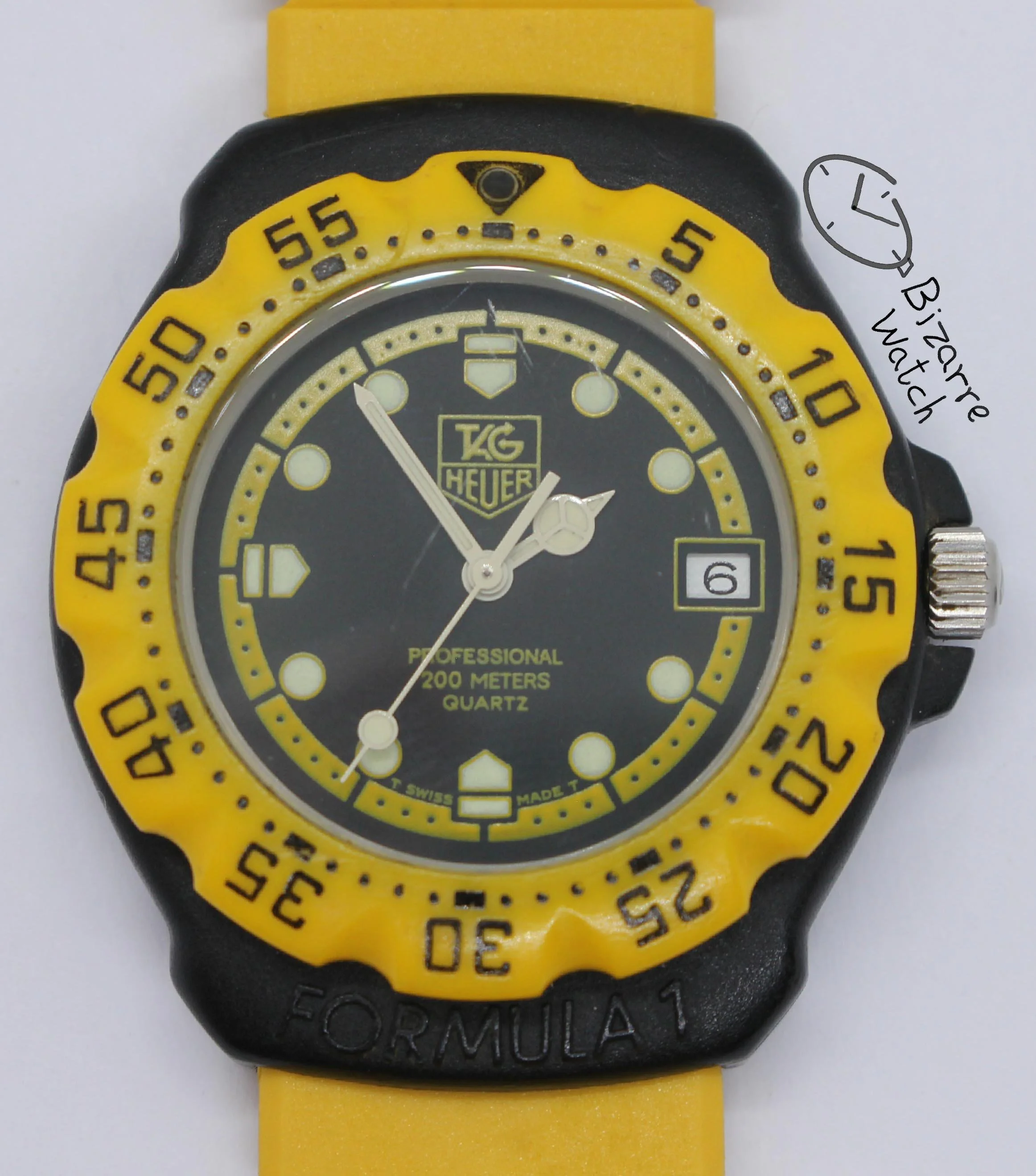 front Vintage TAG HEUER Formula 1 200M Yellow Black 380.513 380.513/1 Yellow Watch men unisex women ladies gents bizarre