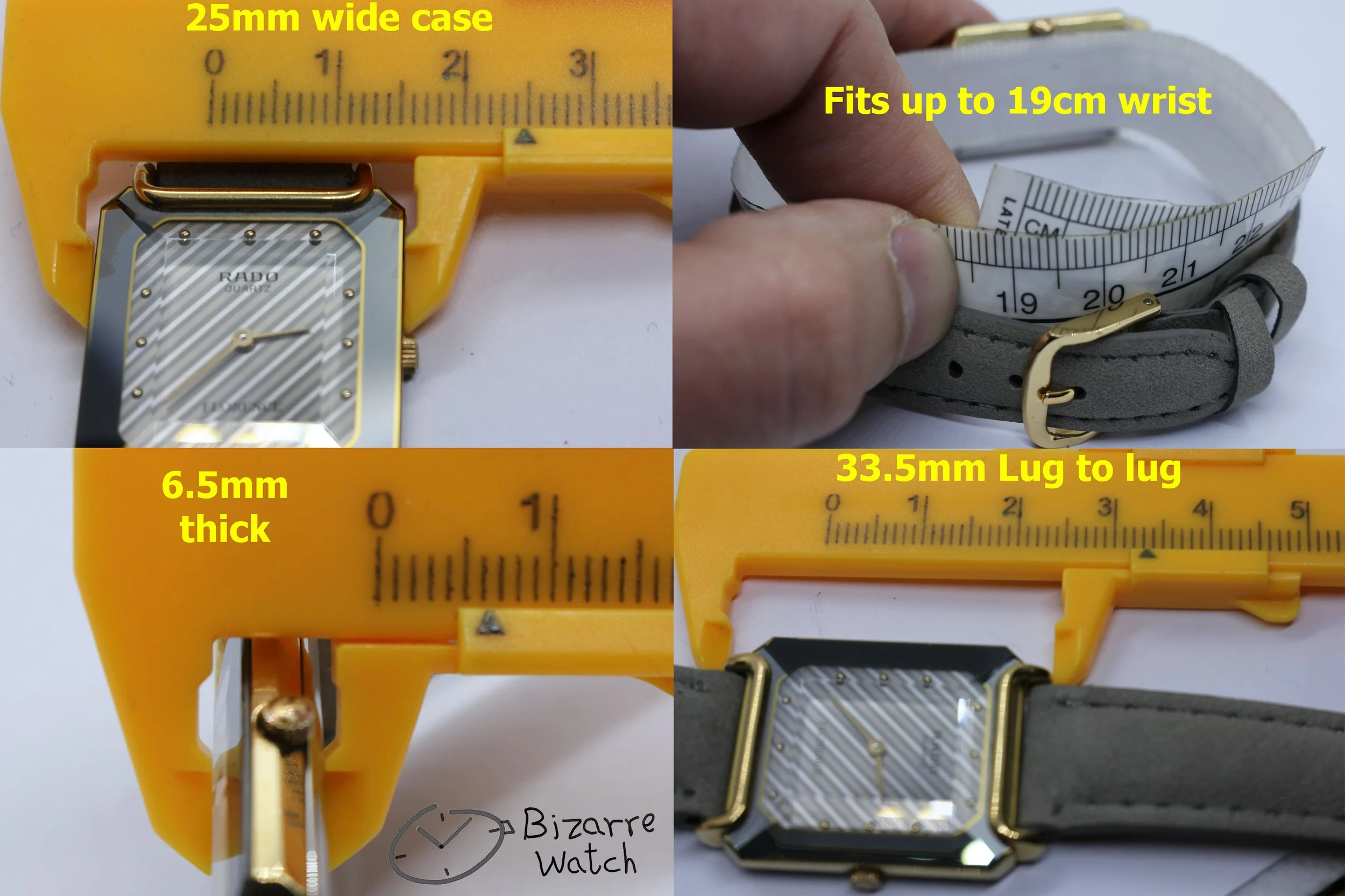 size wrist dimensions vintage goldplated Rado Florence 153.3455.2 Bevelled Sapphire Crystal Striped Dial Grey Strap Watch bizarre women unisex