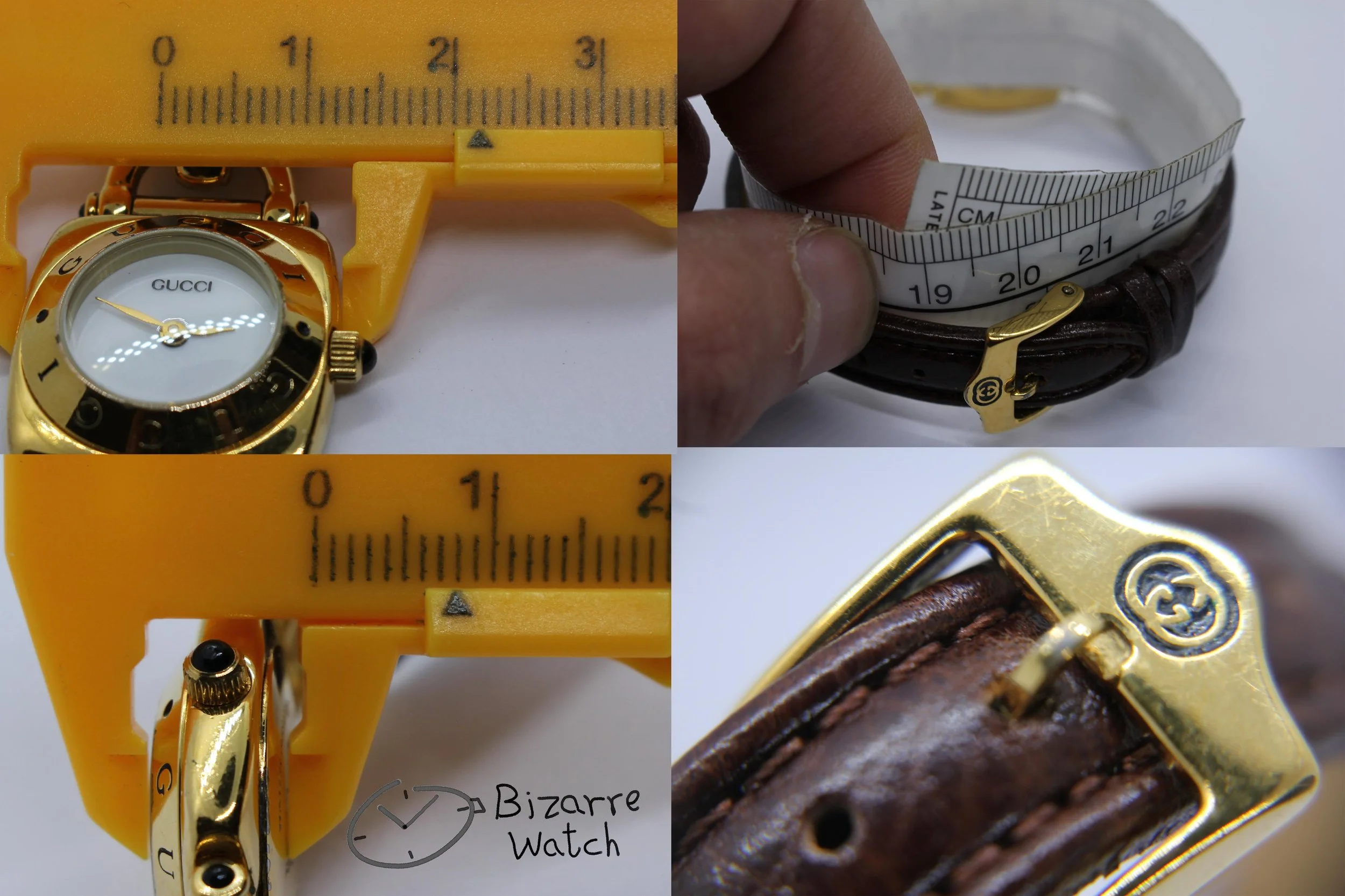 size dimensions wrist Vintage Ladies gold plated Goldplated GUCCI 6300L White Dial Brown Strap Watch women bizarre