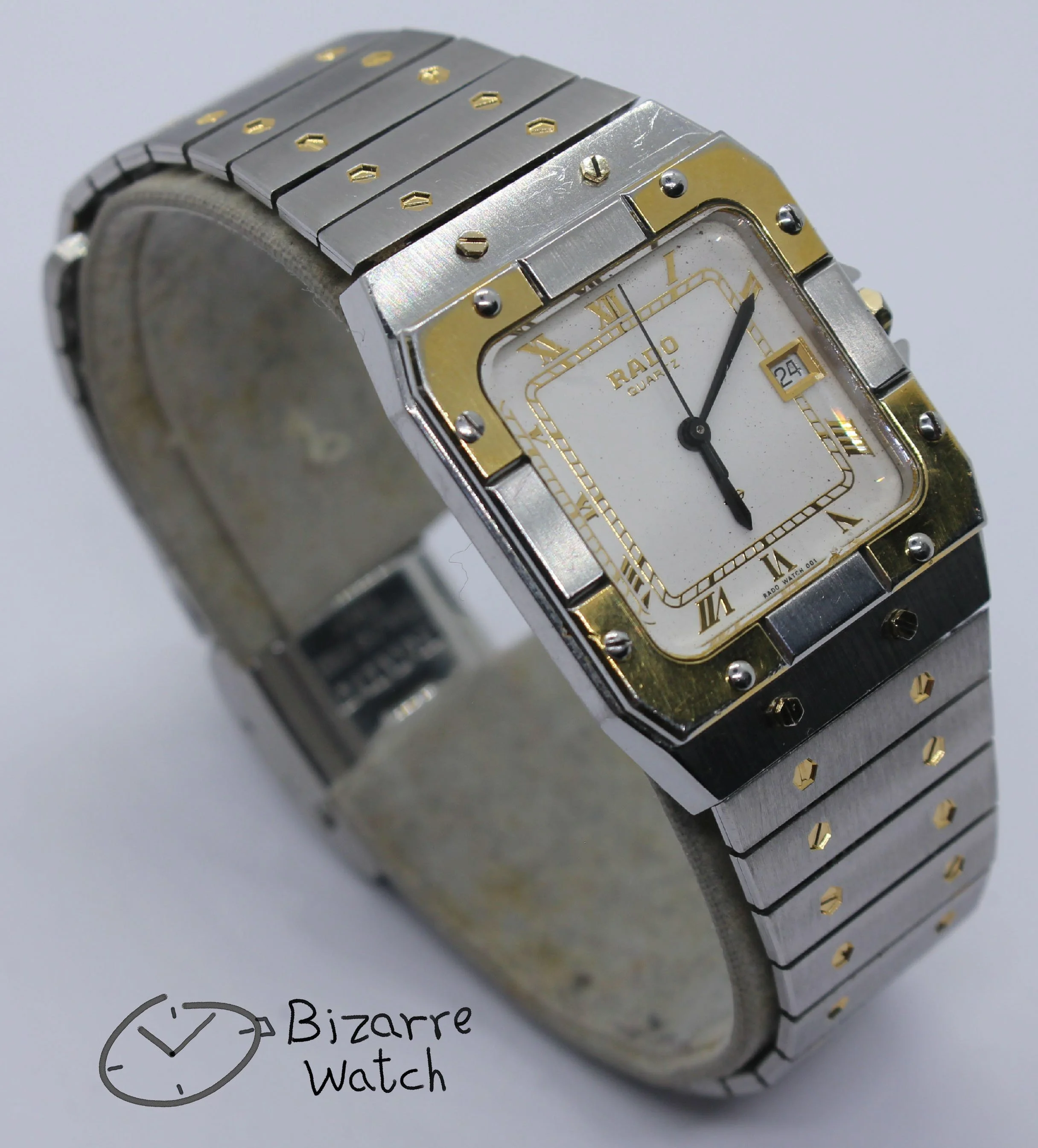 stainless steel bracelet cartier Vintage Rado 27mm De Santos Homage Goldplated White Dial 129.9001.4 Watch bizarre women men unisex ladies preowned used