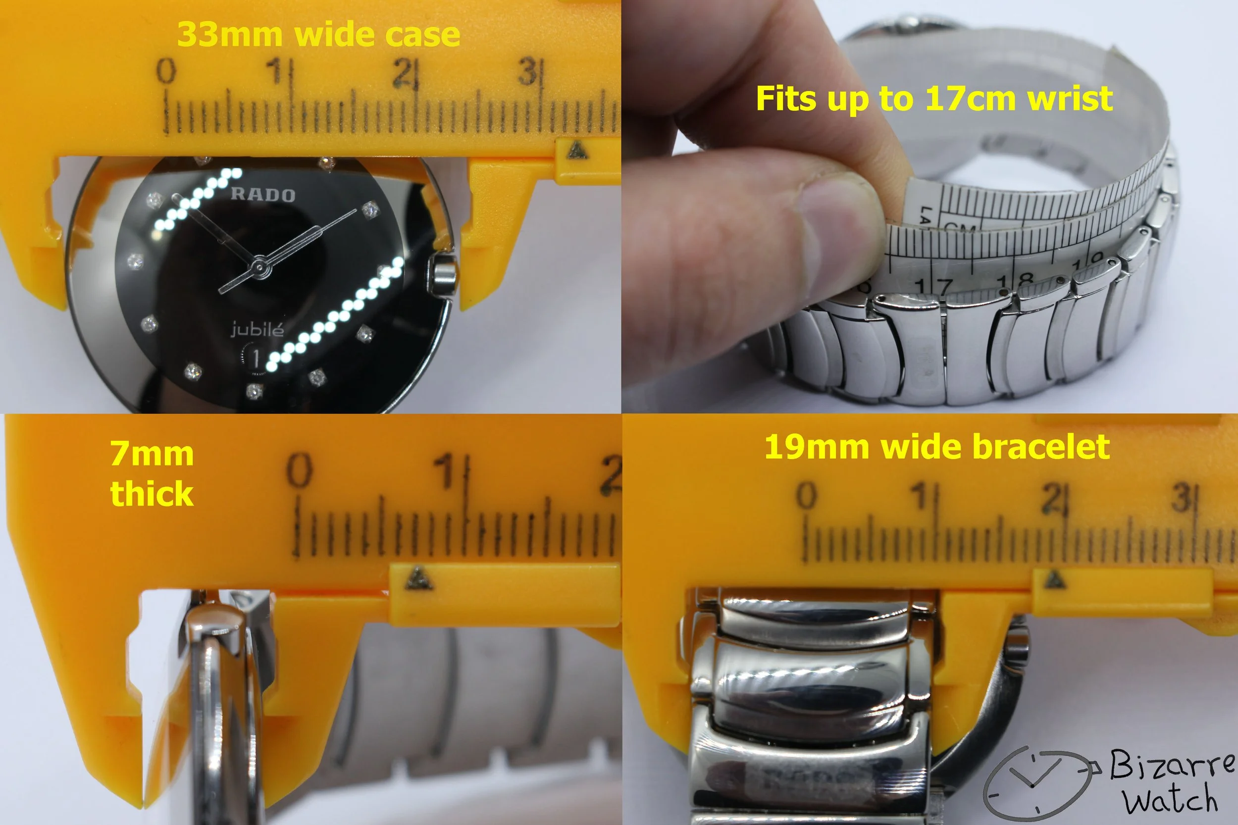 size wrist dimensions jubile jubilee Jubilé vintage diamonds 129.0531.3 RADO Coupole 129.0531.3 Domed Sapphire Black 33mm Stainless Steel Watch bizarre men women unisex