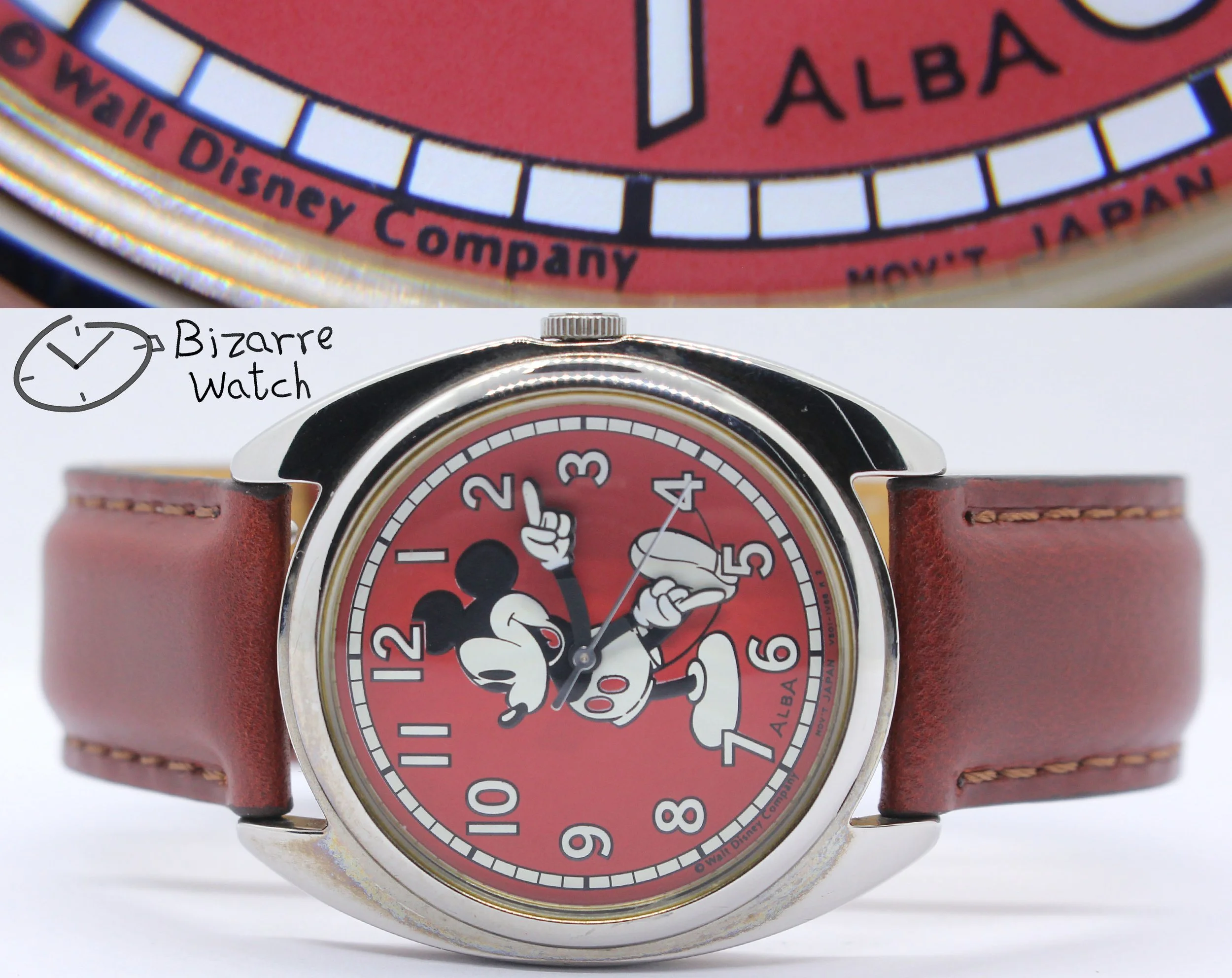 Vintage Alba Mickey Mouse Walt Disney Red brown Genuine Leather Watch Japan v501 V501-1V68 R2 V501-6P10 R1 bizarre bizarrewatch women men unisex