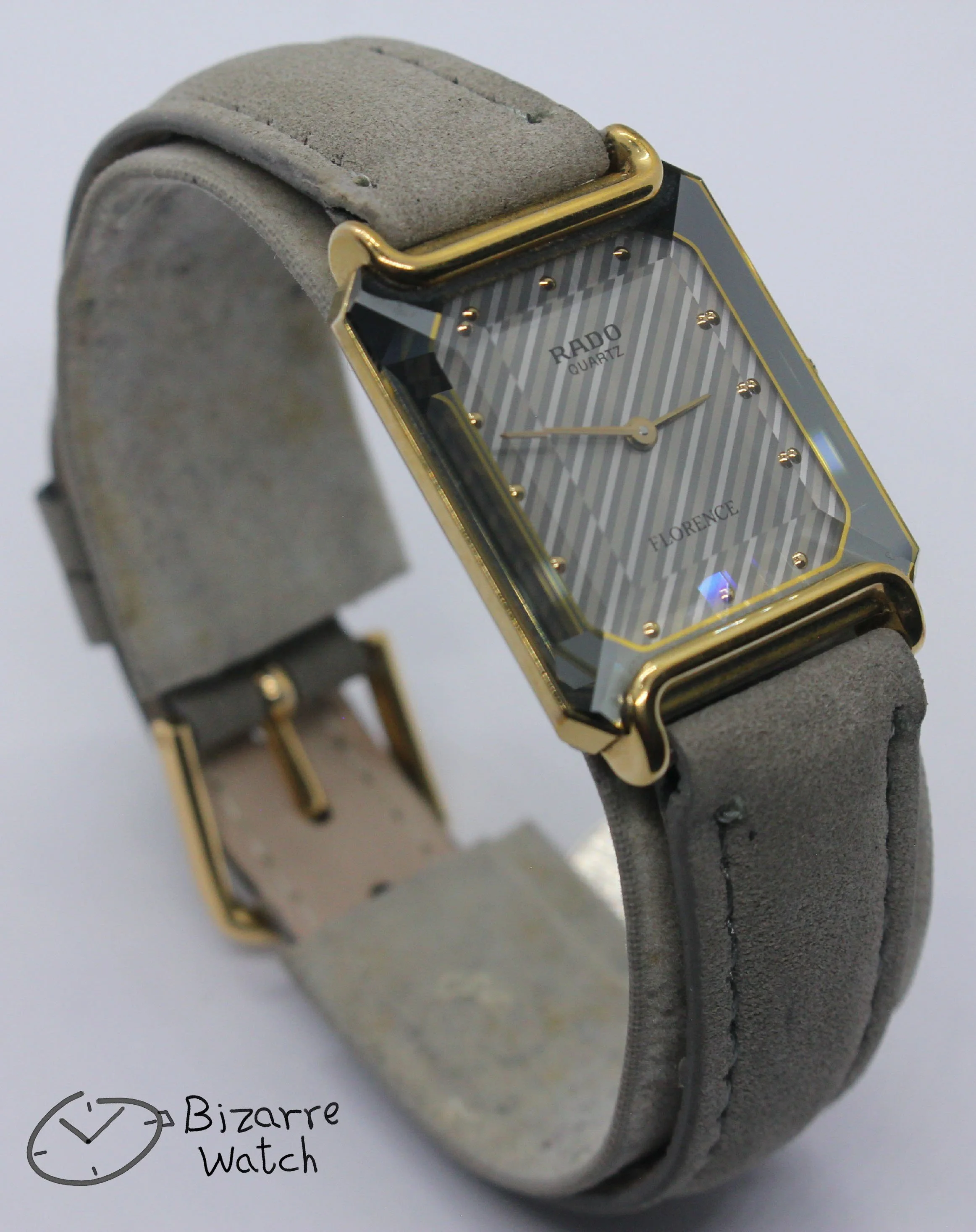 polarised polarized lens view vintage goldplated Rado Florence 153.3455.2 Bevelled Sapphire Crystal Striped Dial Grey Strap Watch bizarre women unisex