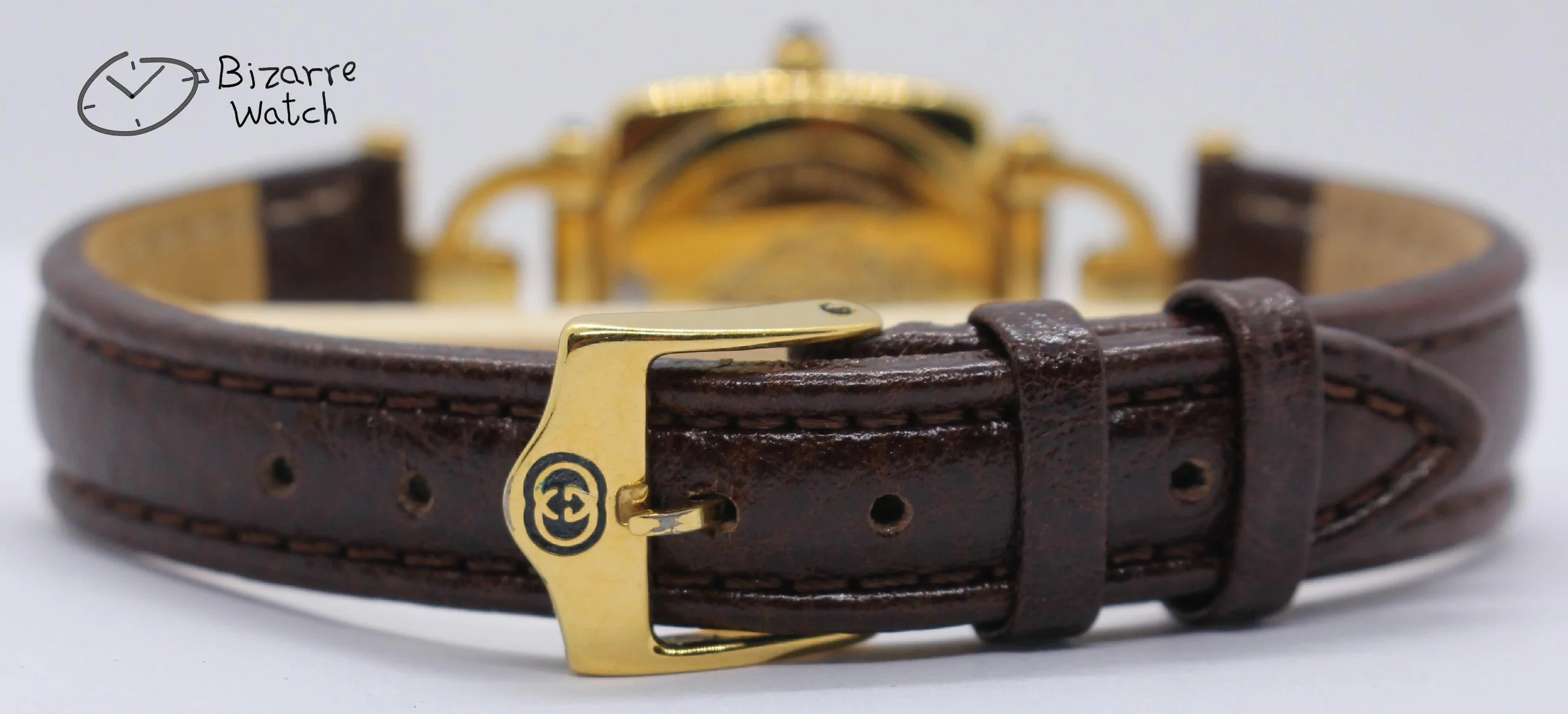 buckle strap genuine leather Vintage Ladies gold plated Goldplated GUCCI 6300L White Dial Brown Strap Watch women bizarre