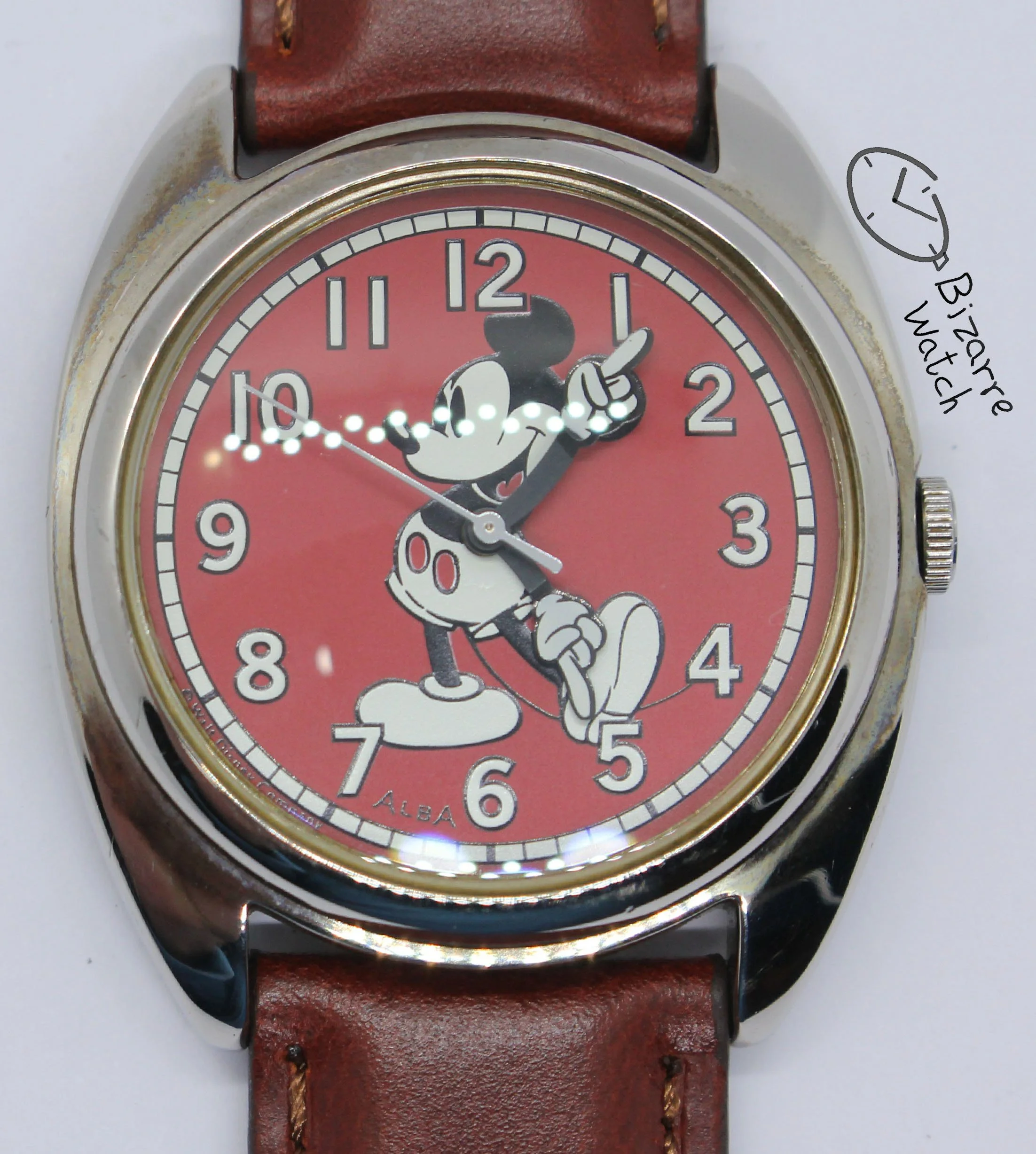 Vintage Alba Mickey Mouse Walt Disney Red brown Genuine Leather Watch Japan v501 V501-1V68 R2 V501-6P10 R1 bizarre bizarrewatch women men unisex