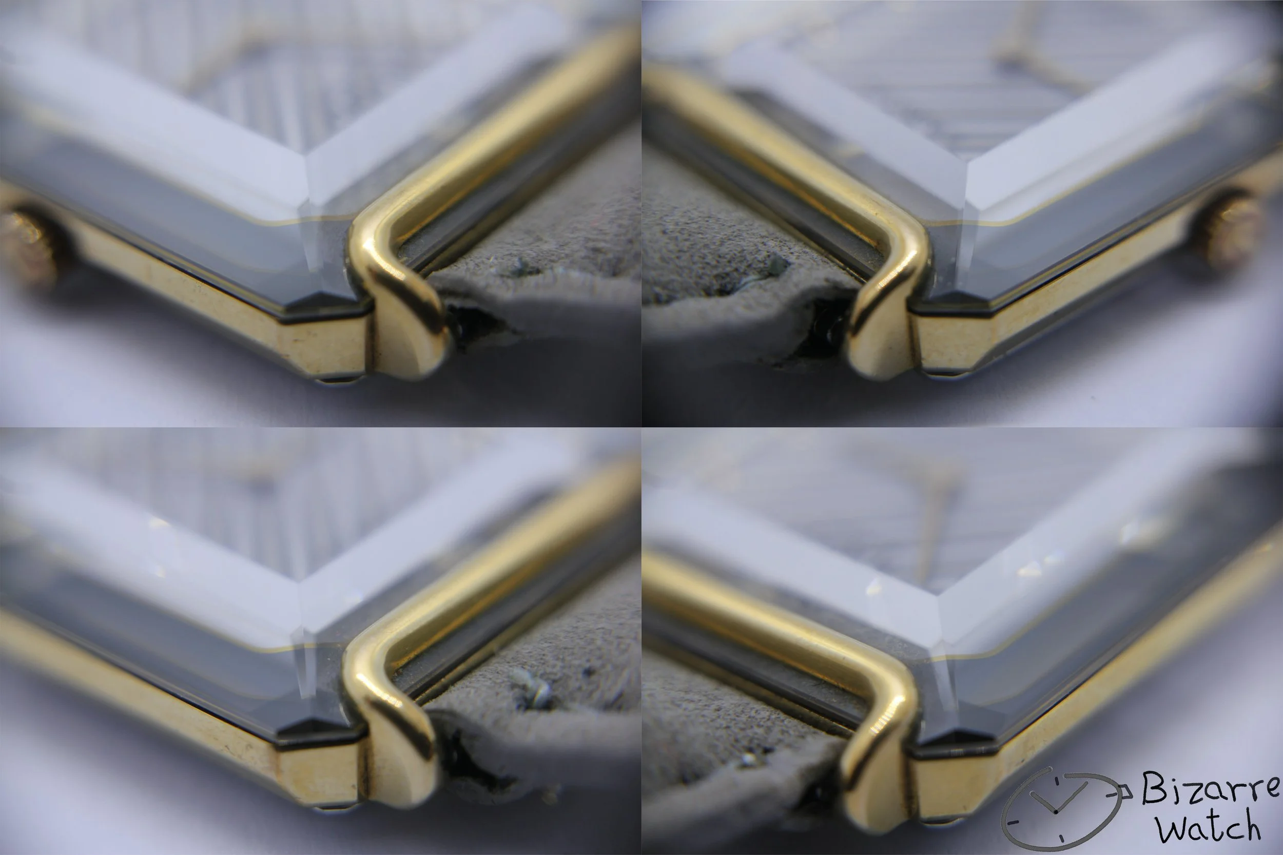 four corner view vintage goldplated Rado Florence 153.3455.2 Bevelled Sapphire Crystal Striped Dial Grey Strap Watch bizarre women unisex