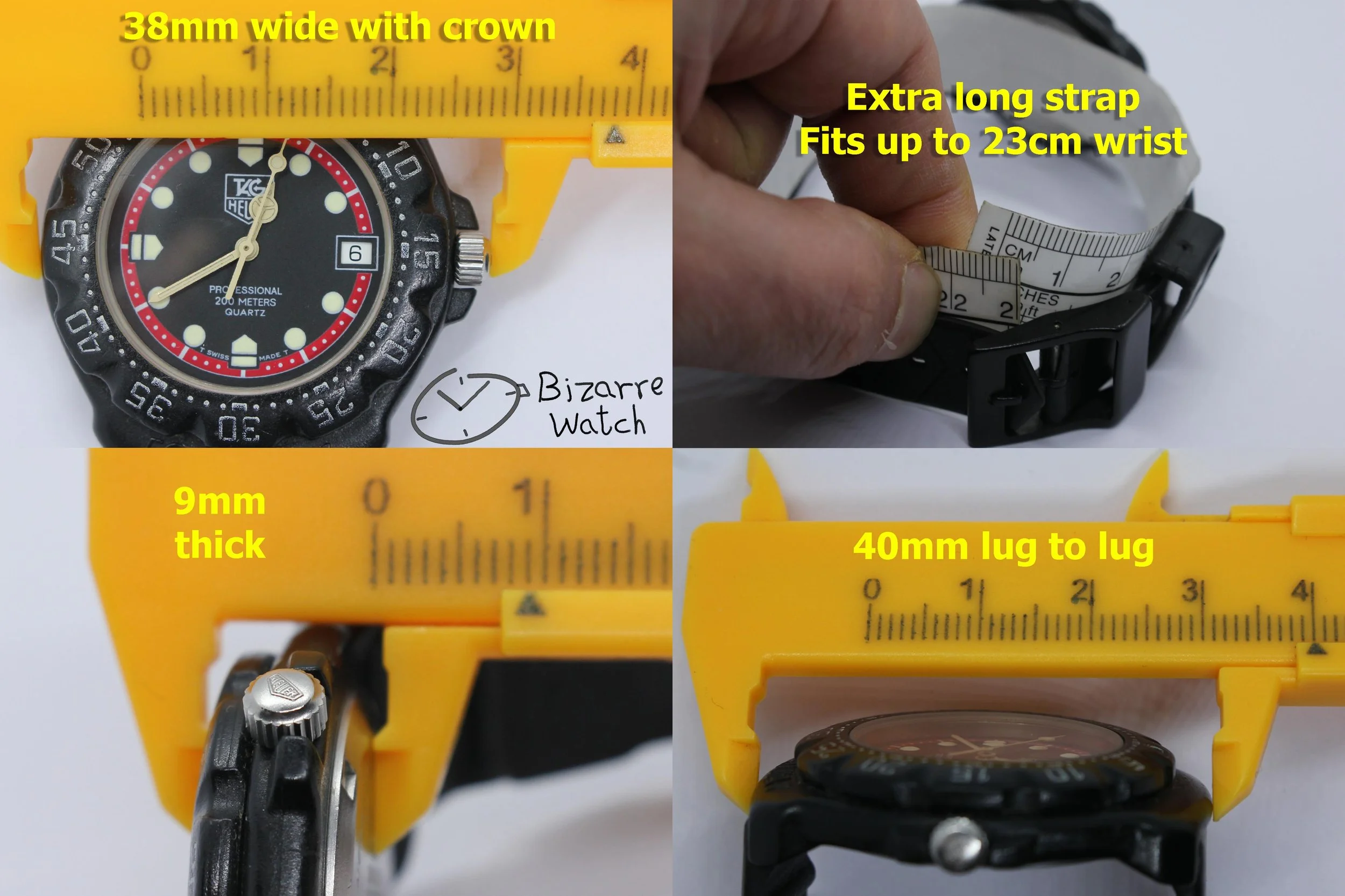 size dimensions wrist vintage TAG HEUER Formula 1 200M All Black With Date 383.513 Watch men unisex rubber