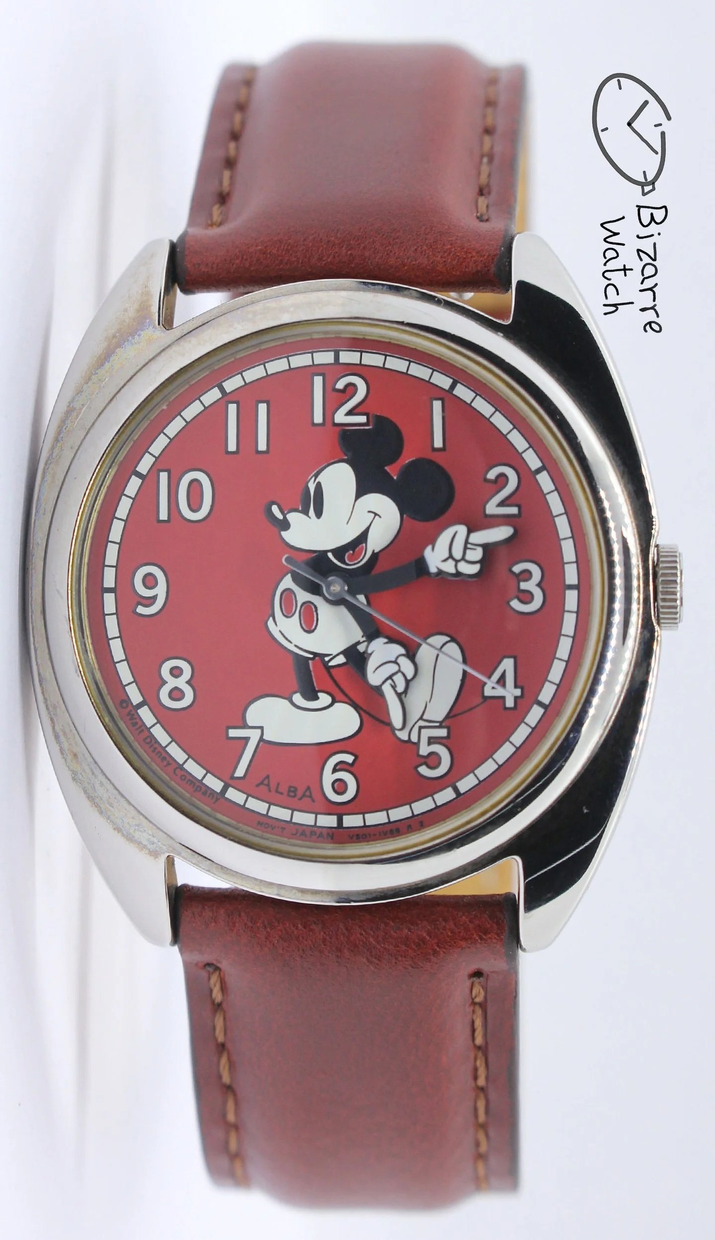 Vintage Alba Mickey Mouse Disney Red Genuine Leather Watch