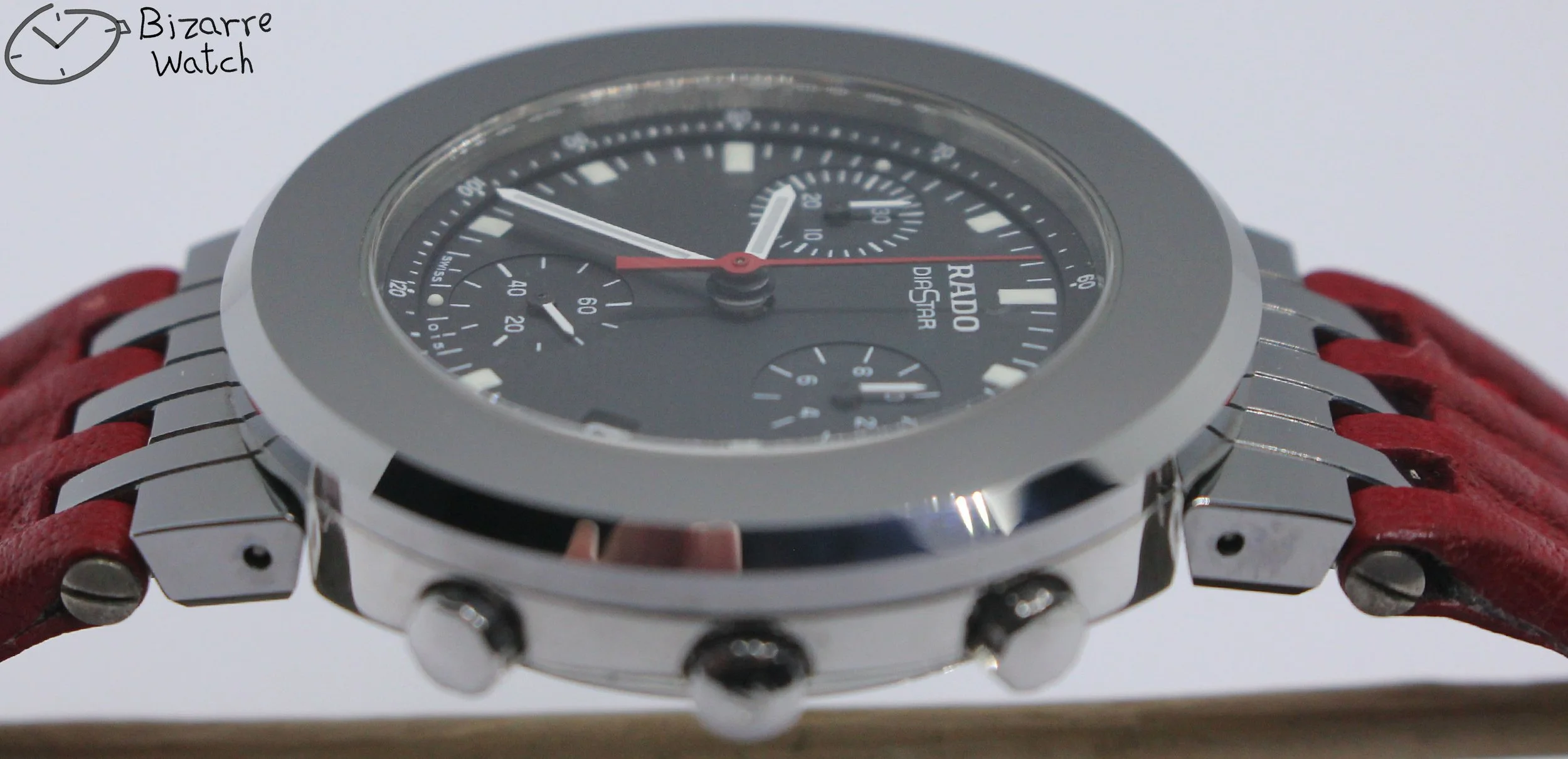 polarised polarized lens view Rado Mini Diamaster Diastar 34mm Chronograph Tungsten Carbide Red 538.0470.3 women unisex men bizarrewatch