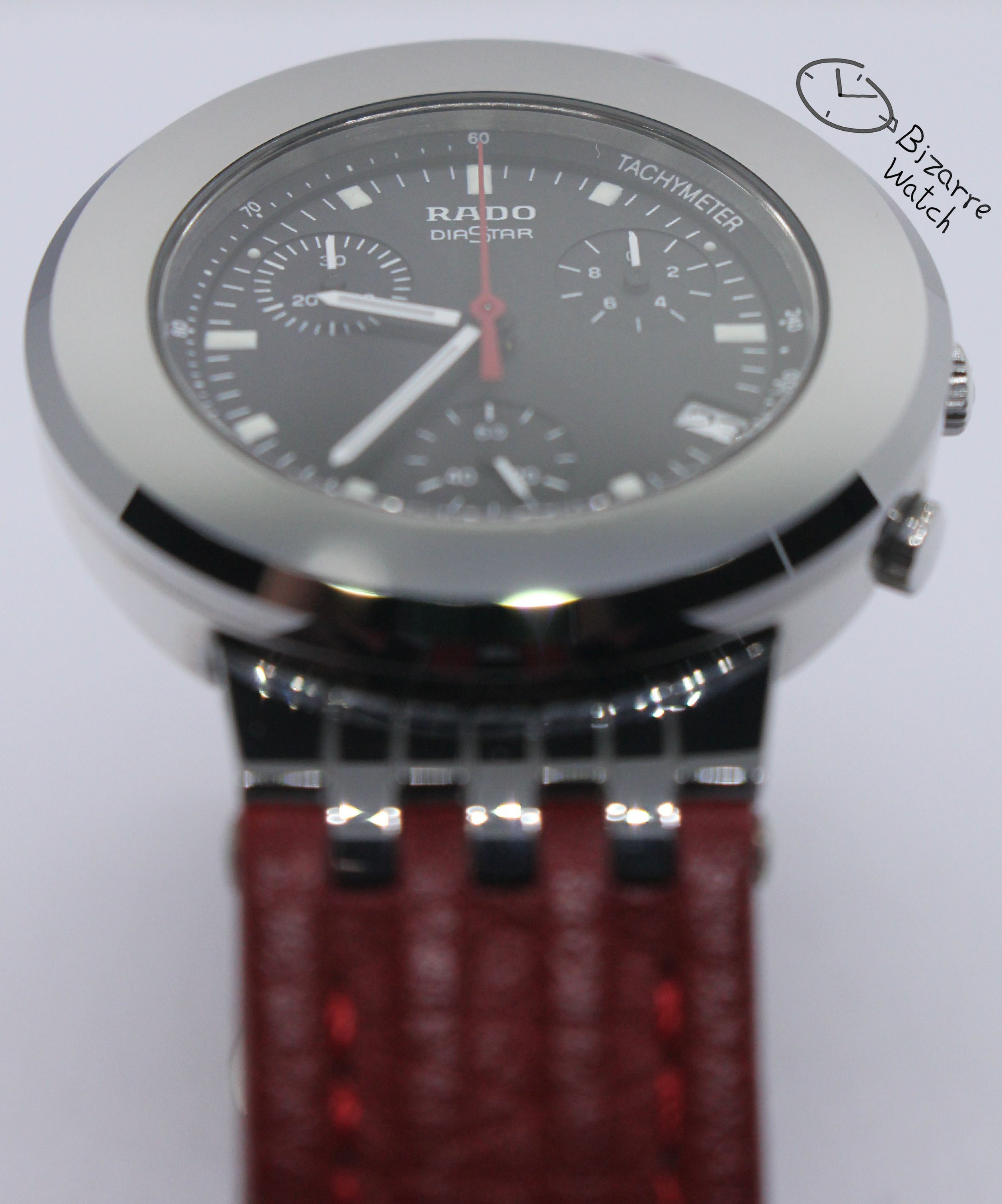 polarised polarized lens view Rado Mini Diamaster Diastar 34mm Chronograph Tungsten Carbide Red 538.0470.3 women unisex men bizarrewatch