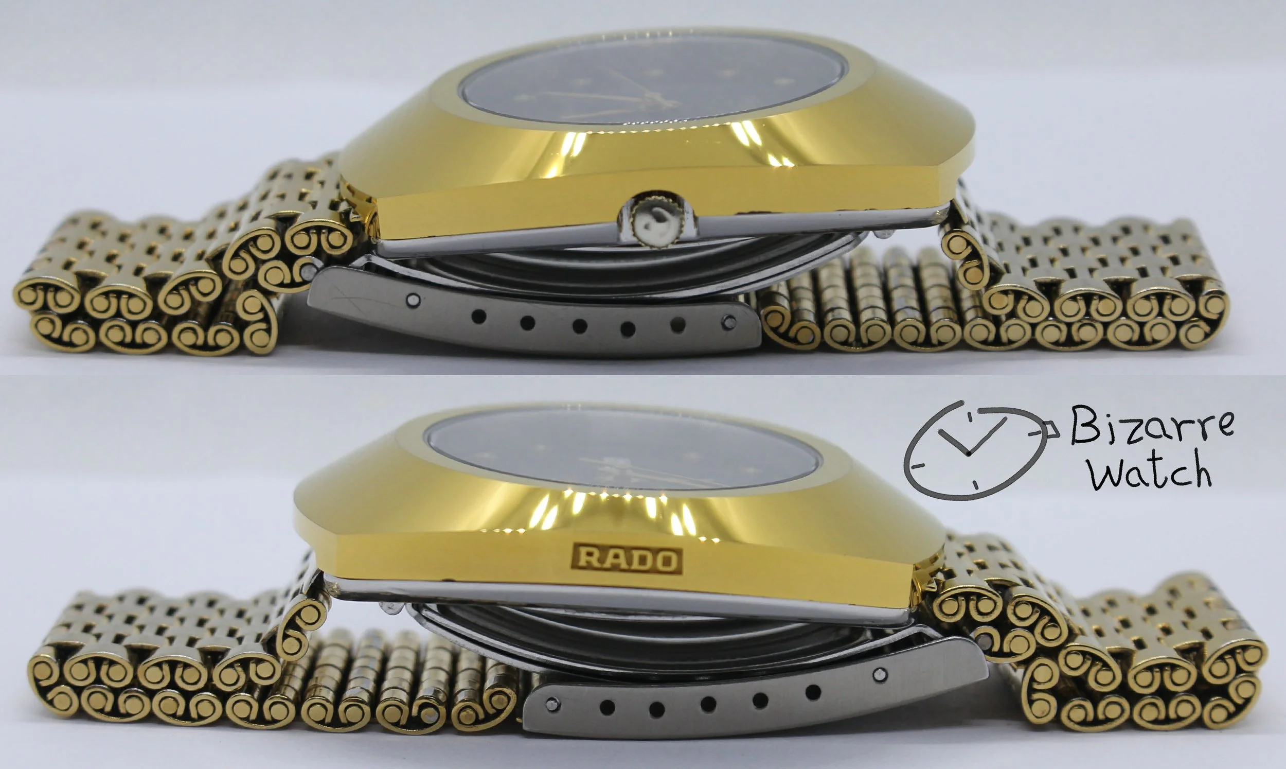 side gold RADO The Original Diastar Scratchproof 114.0393.3 Day Date 36mm Goldplated Watch bizarrewatch bizarre men unisex women