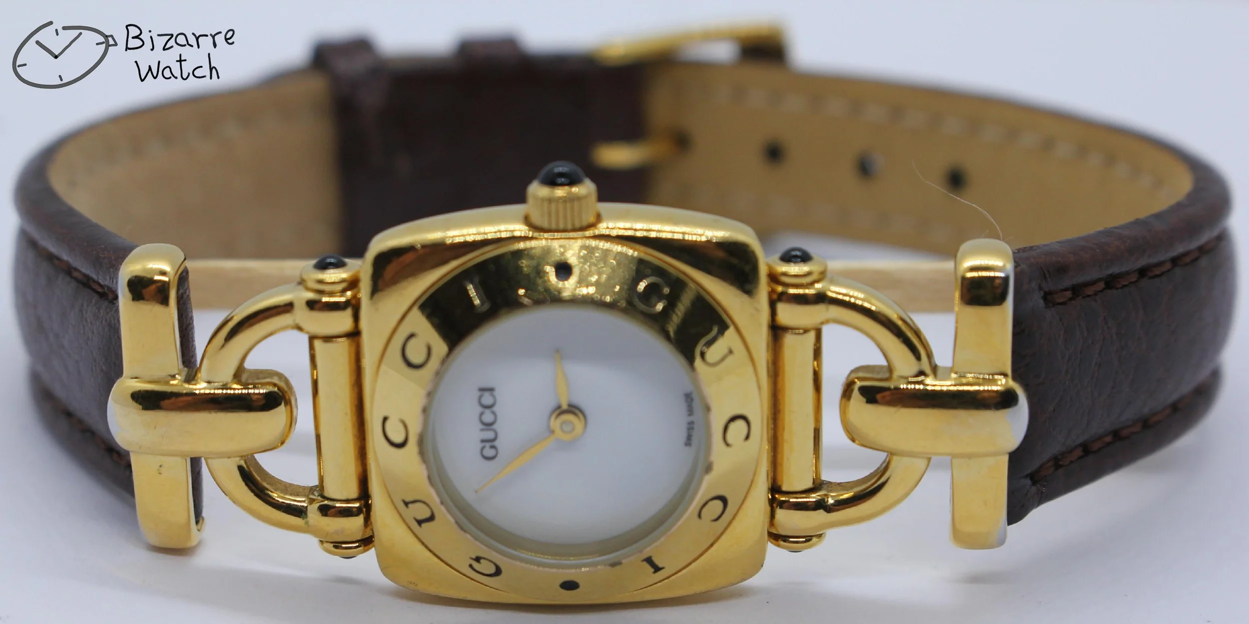 Vintage Ladies gold plated Goldplated GUCCI 6300L White Dial Brown Strap Watch women bizarre