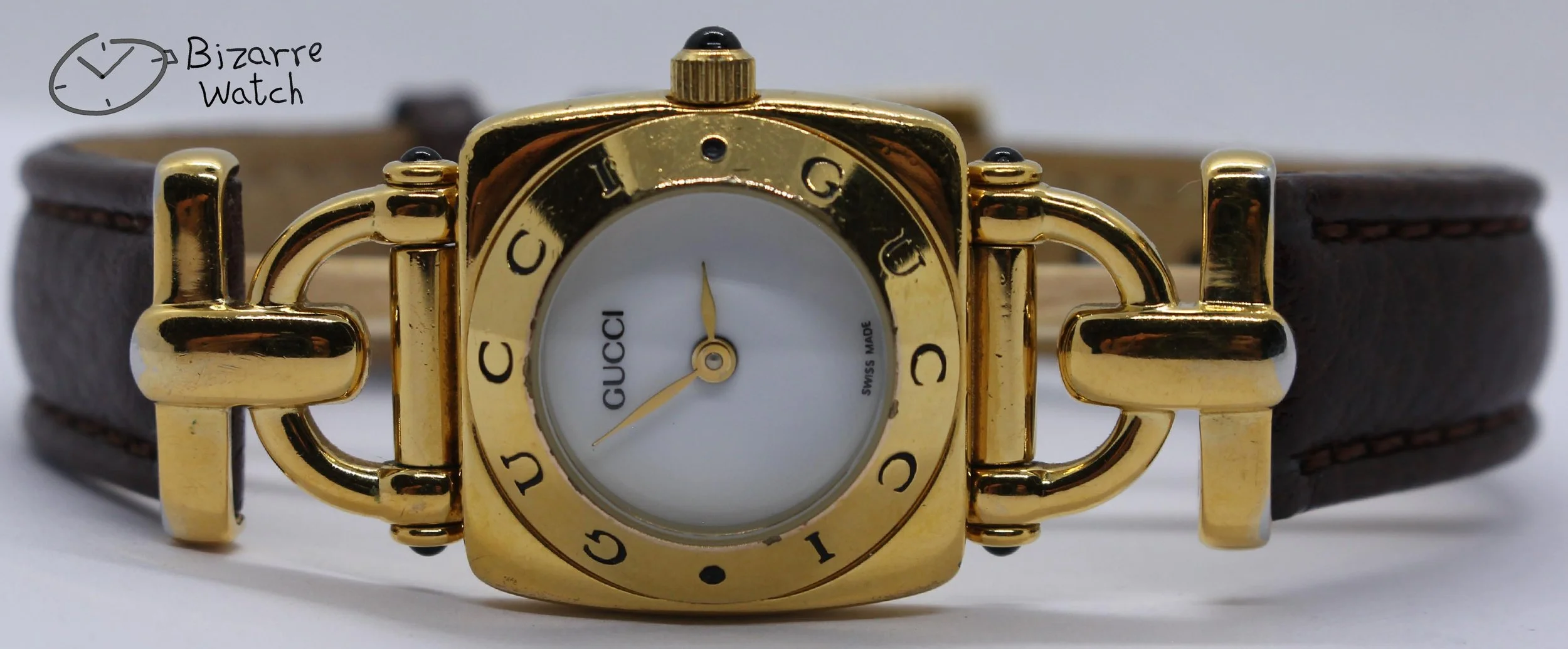 Vintage Ladies gold plated Goldplated GUCCI 6300L White Dial Brown Strap Watch women bizarre