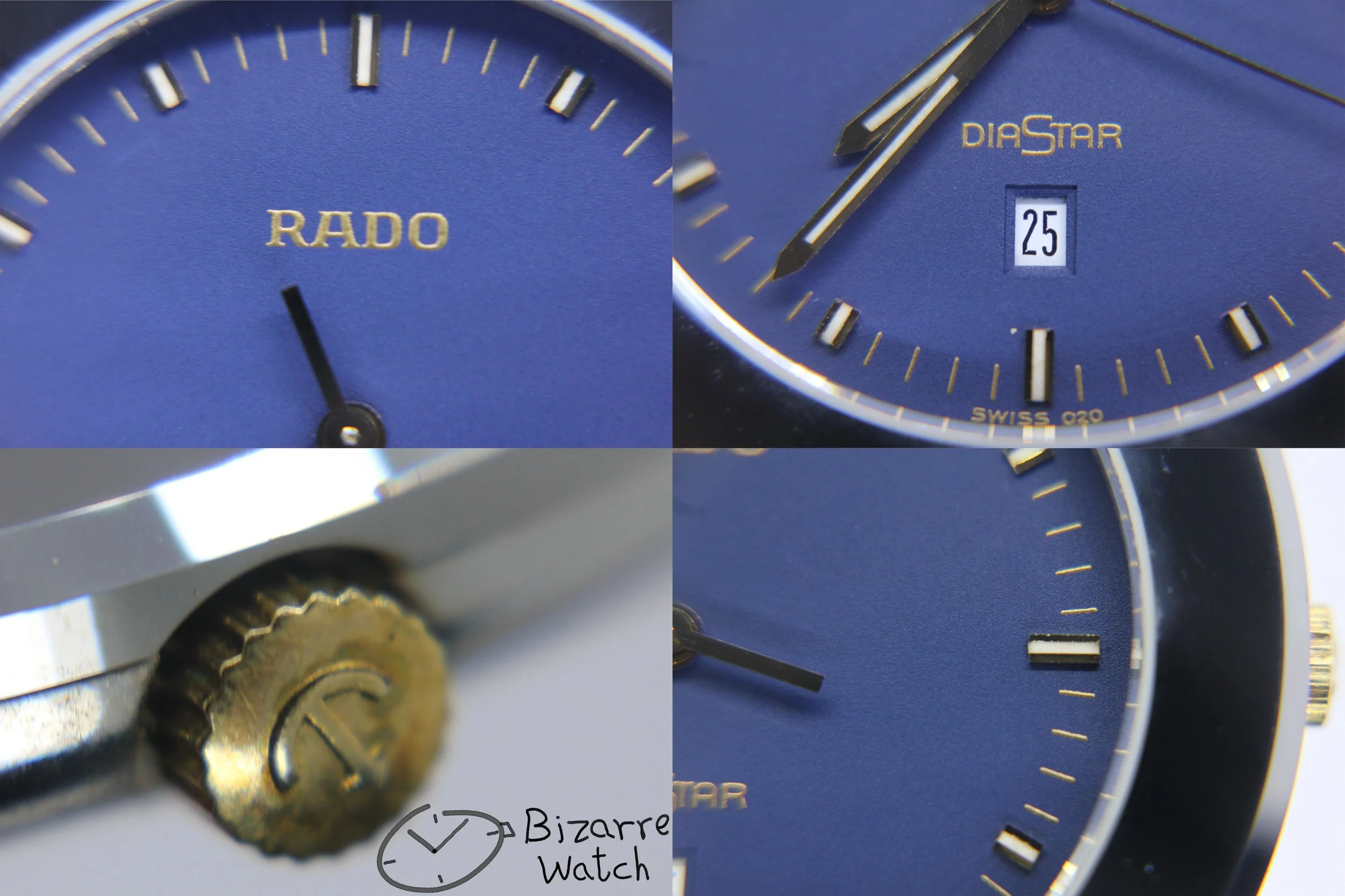 crown hands logo date dial 020 vintage used preowned pre-owned Scratchproof Navy Blue Rado Diastar 35mm Tungsten Carbide Bezel 152.0341.3 Watch bizarrewatch bizarre
